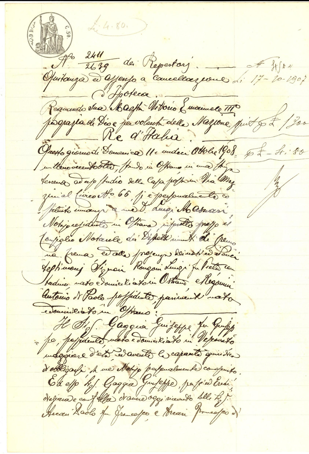Documento originale, autentico 1908 PESCAROLO CR Quietanza a Paolo e Francesco ARCARI per saldo debito 1