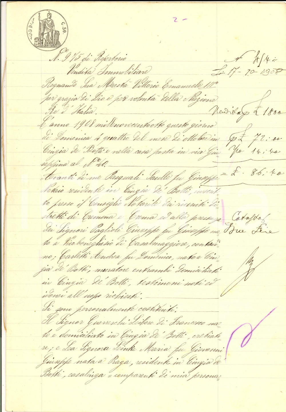 Documento originale, autentico 1908 CINGIA DE  BOTTI CR Libero GUERRESCHI vende casa rurale a Maria LINKE 1