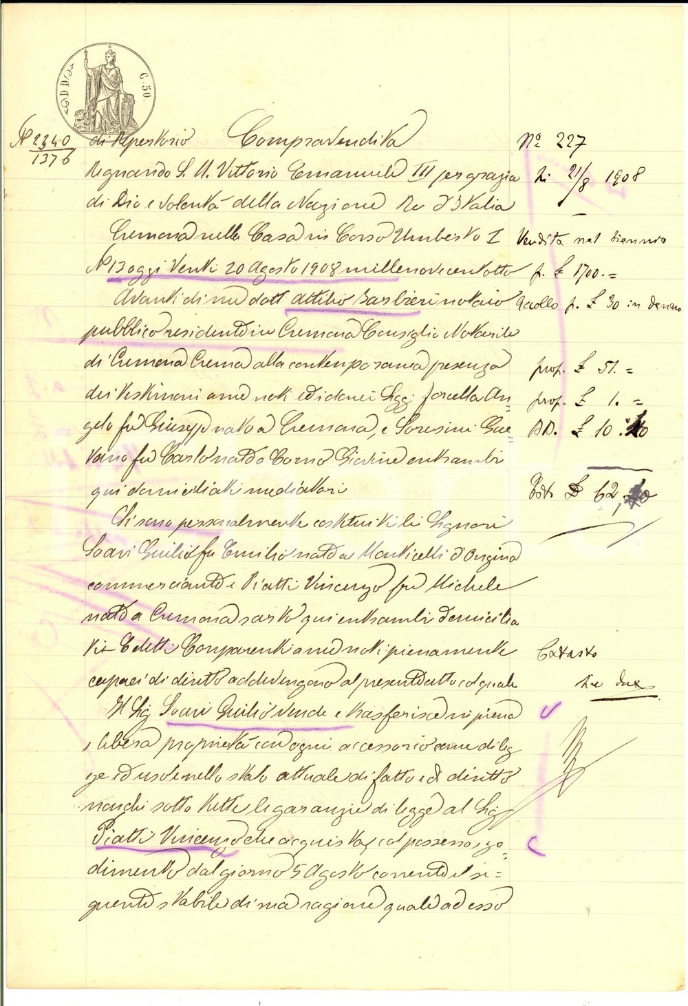 Documento originale, autentico 1908 CREMONA Giulio SOARI vende a Vincenzo PIATTI una porzione di ortaglia 1