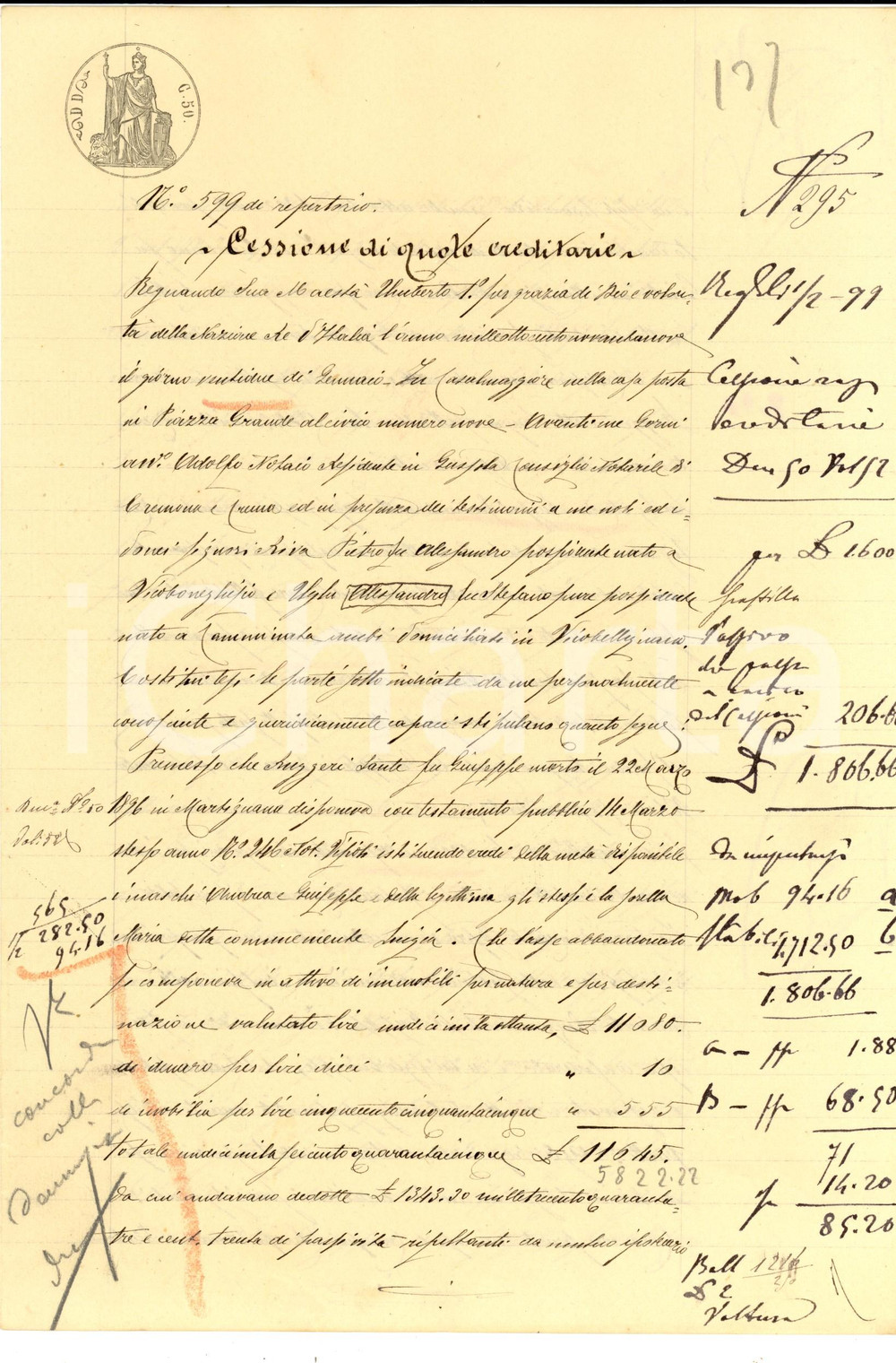 Documento originale, autentico 1899 MARTIGNANA DI PO CR Cessione quote ereditarie Maria RUGGERI ai fratelli 1