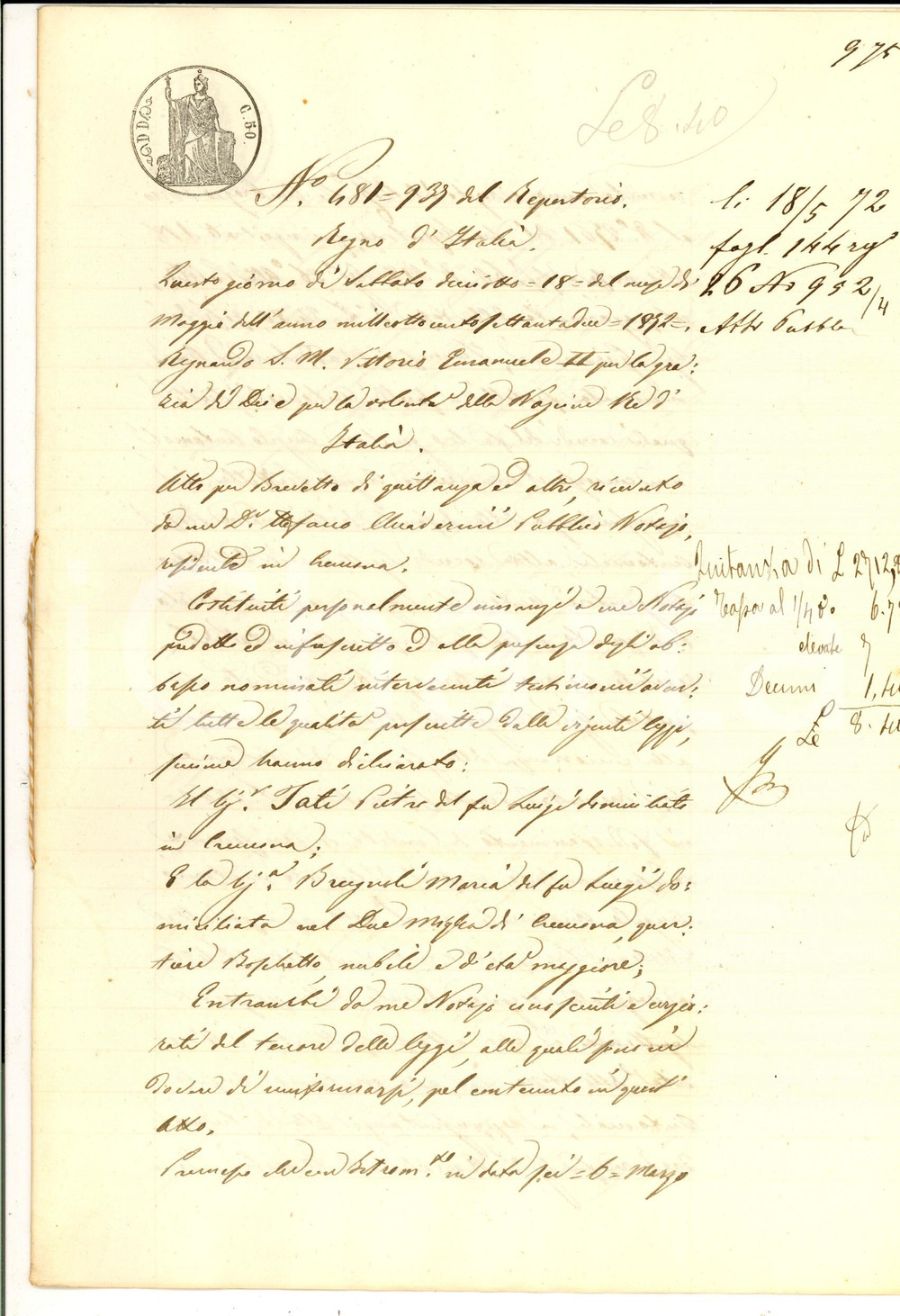 Documento originale, autentico 1872 CREMONA Quietanza a Pietro TATI per saldo debito a Maria BRUGNOLI 1