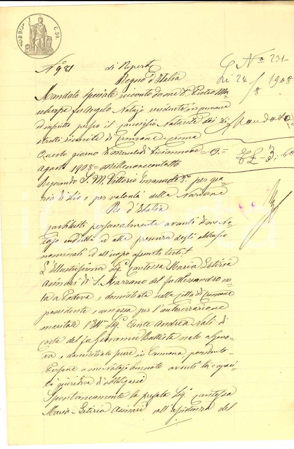 Documento originale, autentico 1908 CREMONA Procura Maria Letizia ASINARI DI SAN MARZANO a Ulisse RINALDI 1