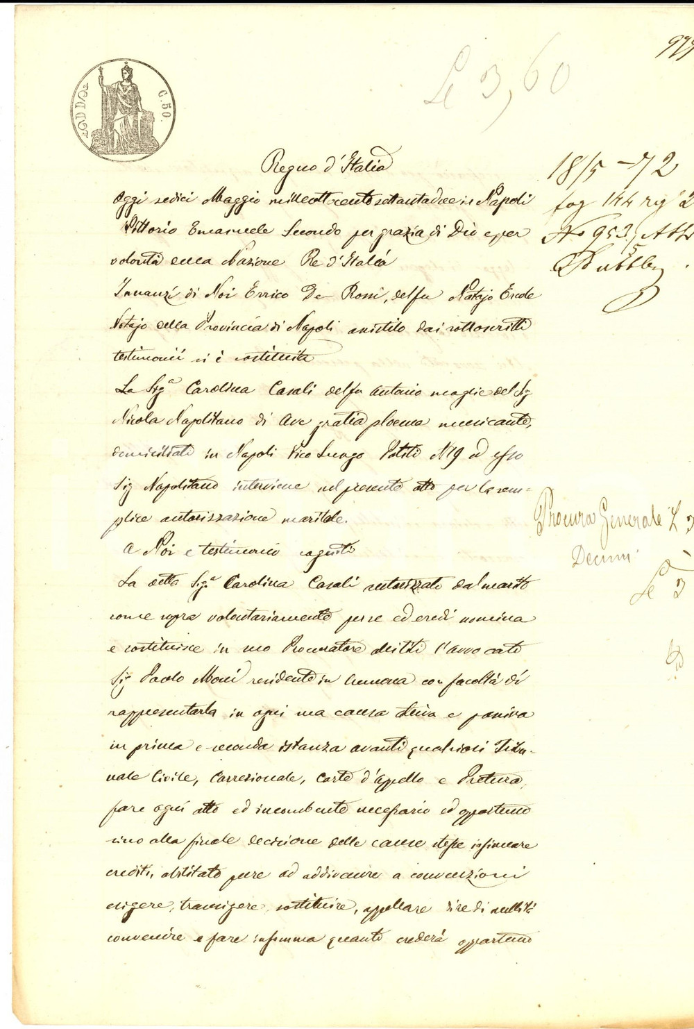 Documento originale, autentico 1872 CREMONA Atto di procura Carolina CASALI all avv. Paolo MOCCI Manoscritto 1