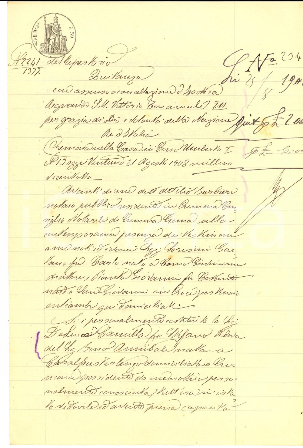 Documento originale, autentico 1908 CREMONA Quietanza a Emma BONO per saldo prestito a Camilla DE LUCA 1