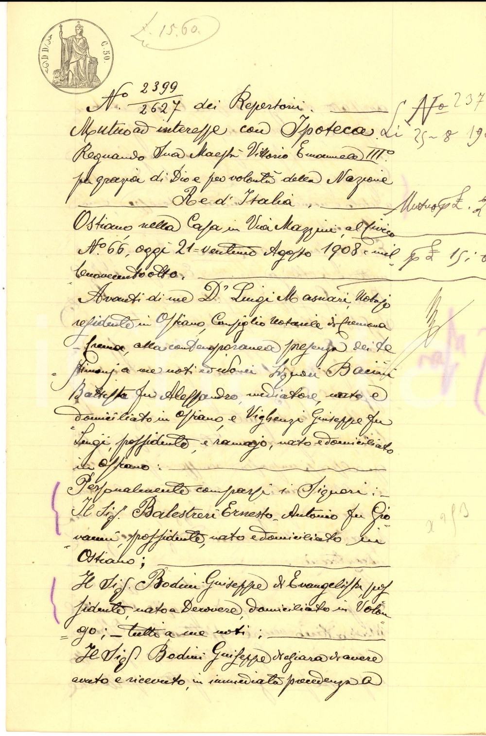 Documento originale, autentico 1908 OSTIANO CR Contratto prestito tra Giuseppe BODINI ed Ernesto BALESTRERI 1