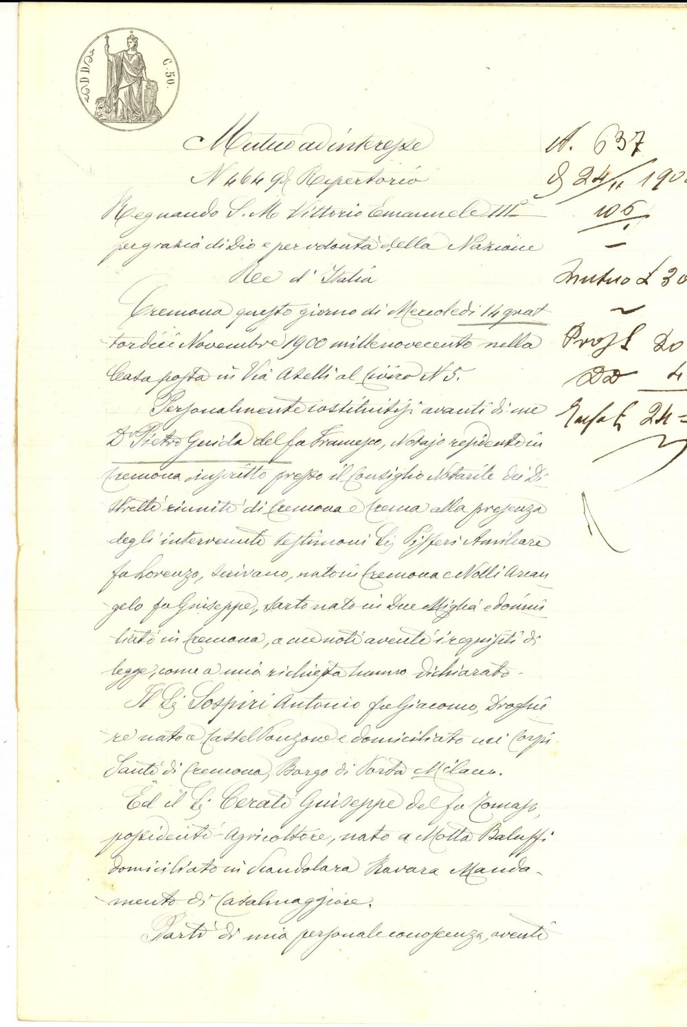 Documento originale, autentico 1900 CREMONA Contratto di prestito tra Antonio SOSPIRI e Giuseppe CERATI 1