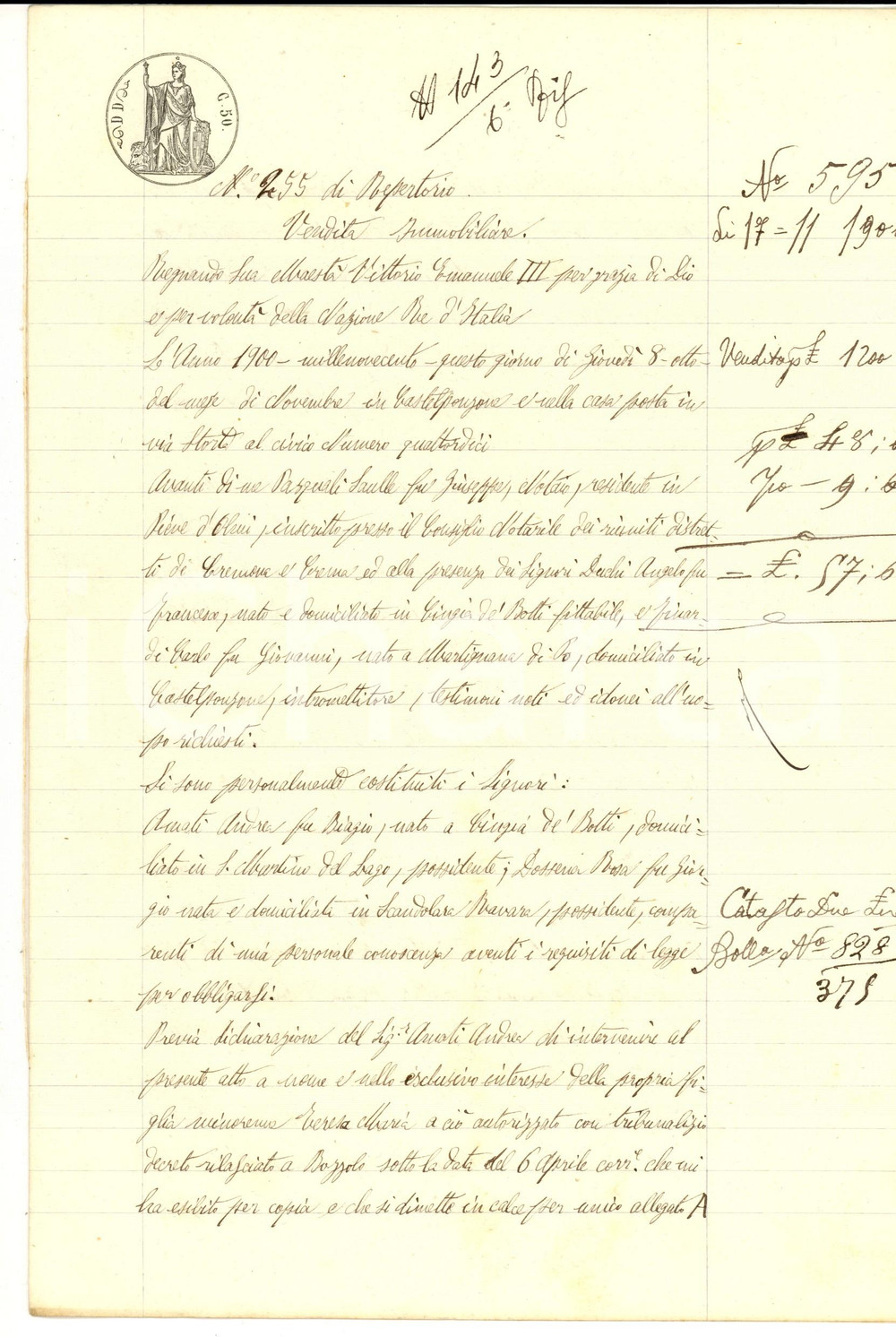 Documento originale, autentico 1900 SCANDOLARA RAVARA Andrea AMATI vende metÃ  campo PONZINO a Rosa DOSSENA 1