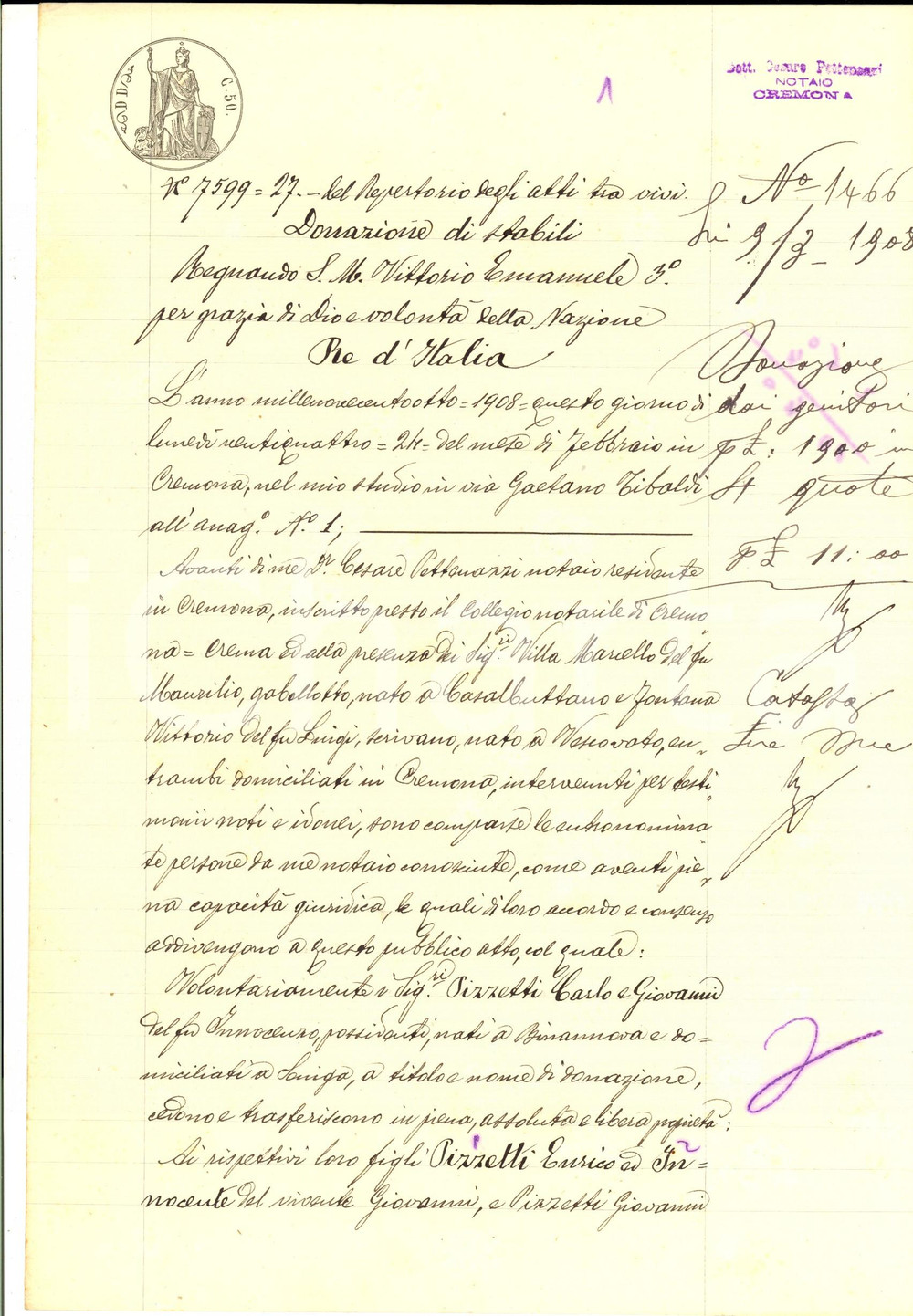 Documento originale, autentico 1908 BINANUOVA Carlo e Giovanni PIZZETTI vendono terra CAMPO BASE ai figli 1
