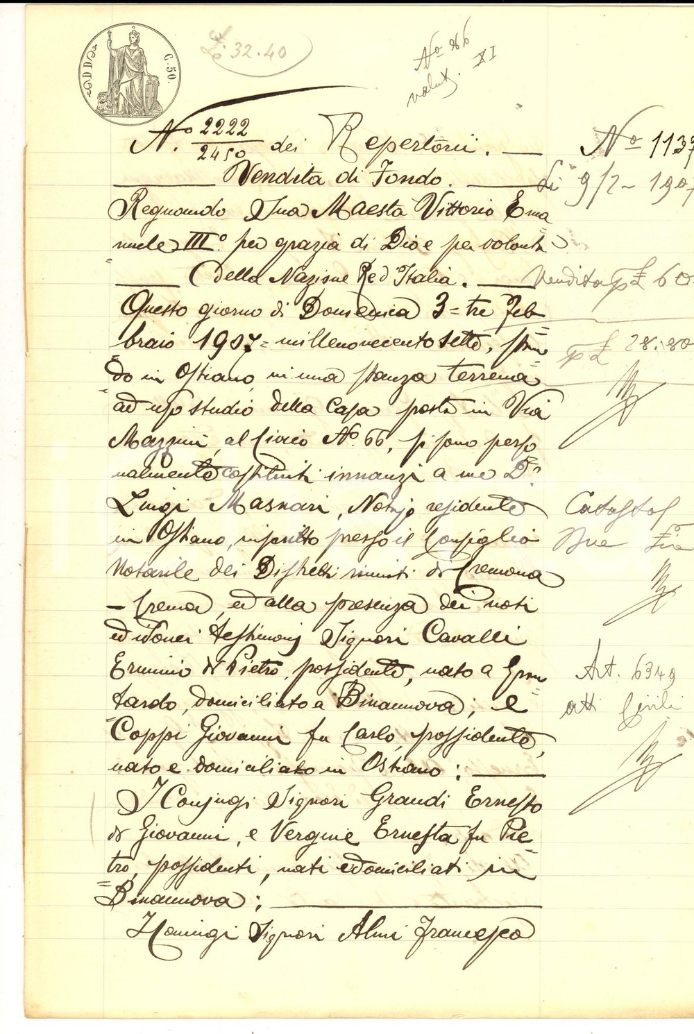 Documento originale, autentico 1907 BINANUOVA Ernesto GRANDI vende fondo CAMPAGNINO a Giovanni Battista FERRARI 1