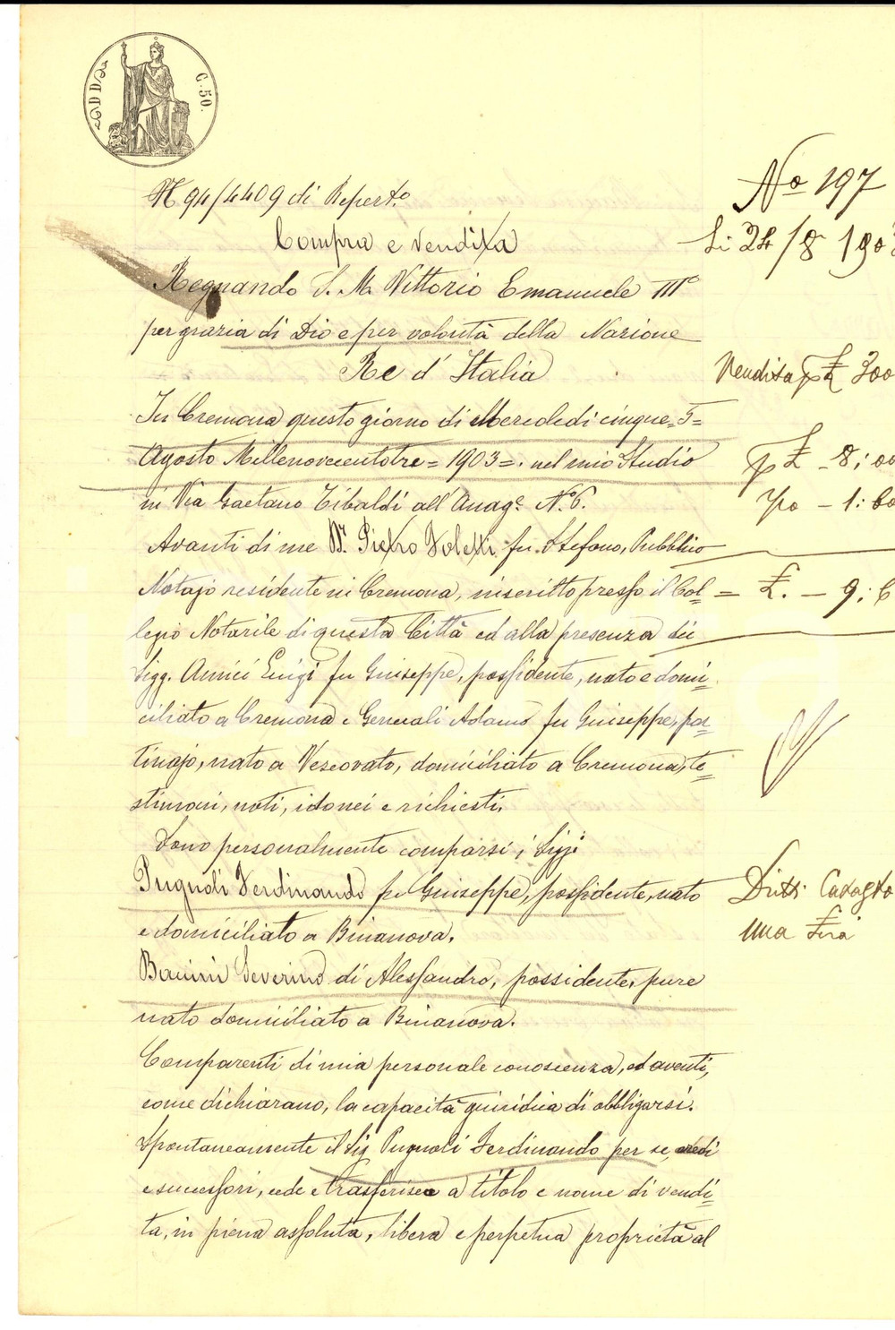 Documento originale, autentico 1903 BINANUOVA CR Ferdinando PUGNOLI vende porzione di casa a Severino BACCINI 1