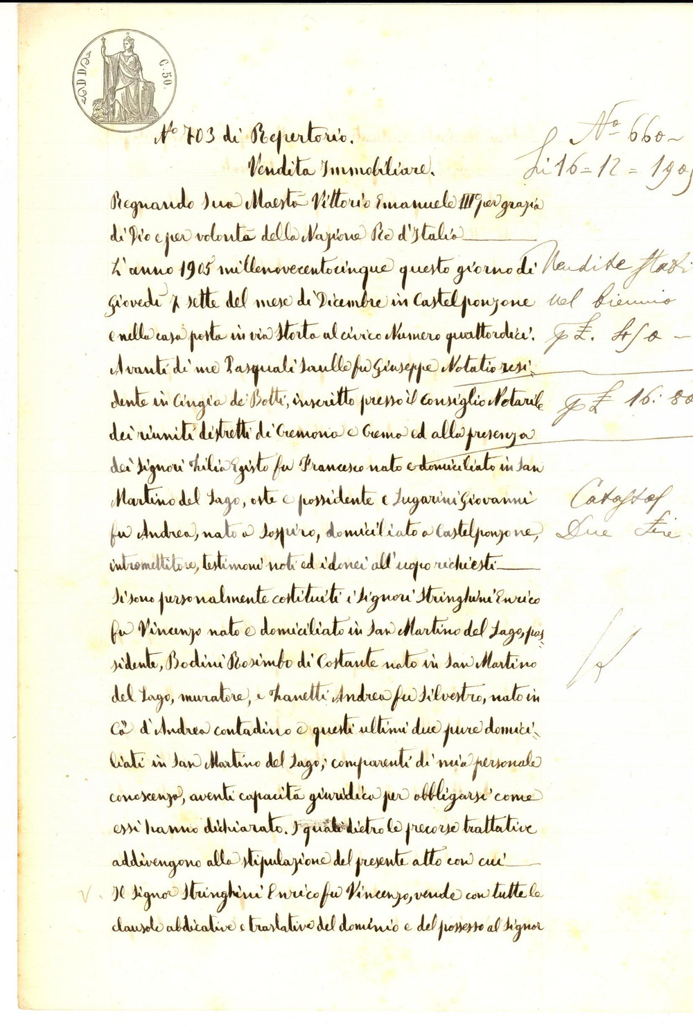 Documento originale, autentico 1905 SAN MARTINO DEL LAGO CR Enrico STRINGHINI vende campo a Rosimbo BODINI 1