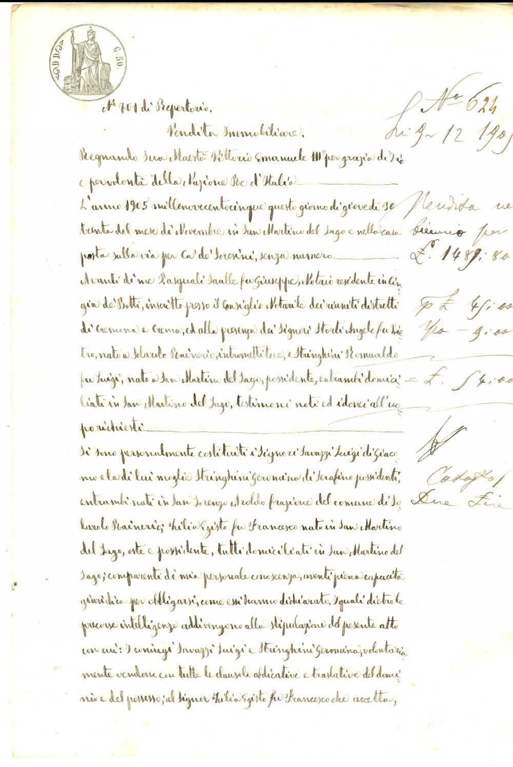 Documento originale, autentico 1905 SAN MARTINO DEL LAGO CR Luigi SAVASTI vende a Egisto ZILIA il campo LOZZE 1