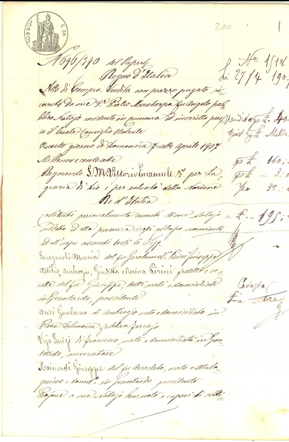 Documento originale, autentico 1907 GRONTARDO CR Fratelli SOREGAROLI vendono terra OLMETTA a Giuseppe MAINARDI 1