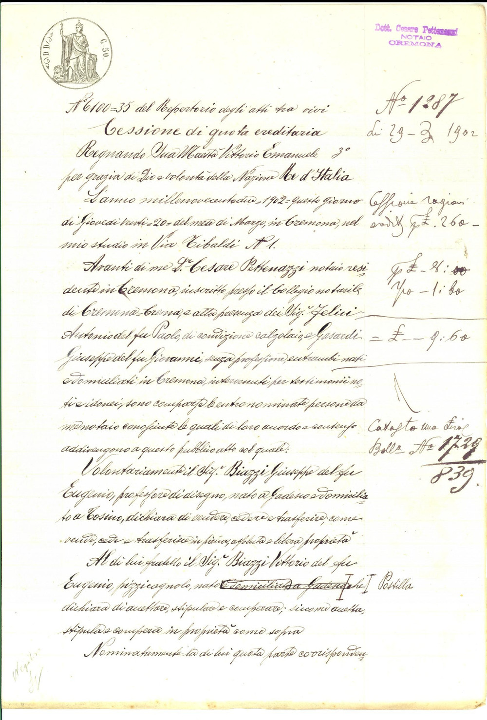 Documento originale, autentico 1902 CA  DE QUINZANI CR Giuseppe BIAZZI cede quota ereditaria al fratello 1