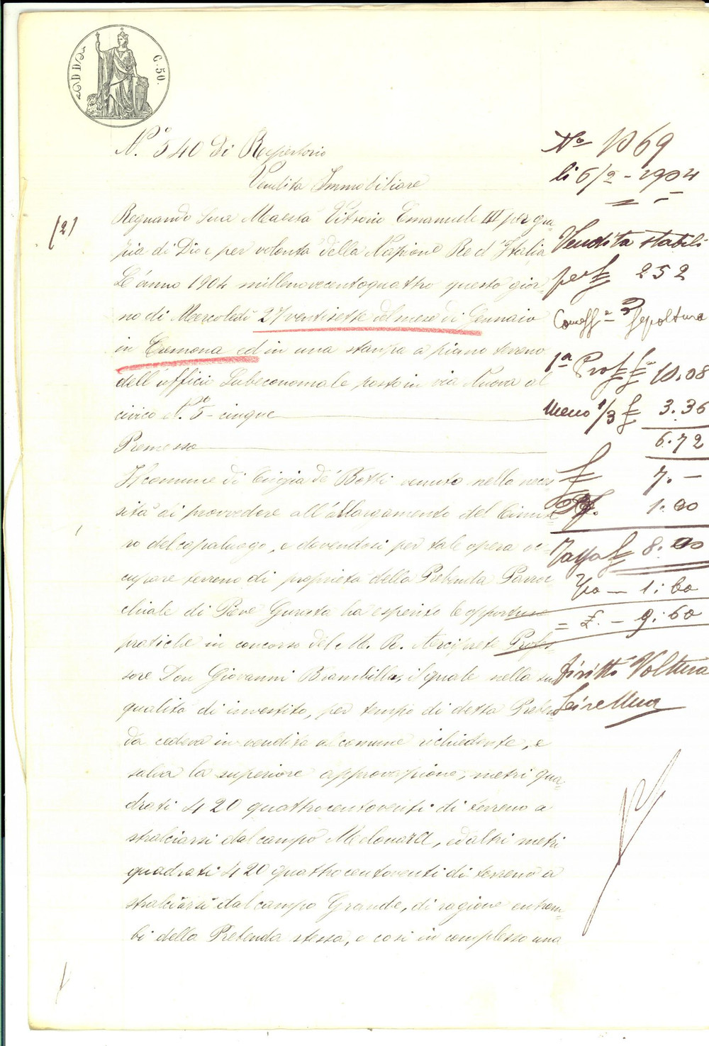 1904 CINGIA DE' BOTTI Don Giovanni BRAMBILLA vende campi beneficio parrocchiale