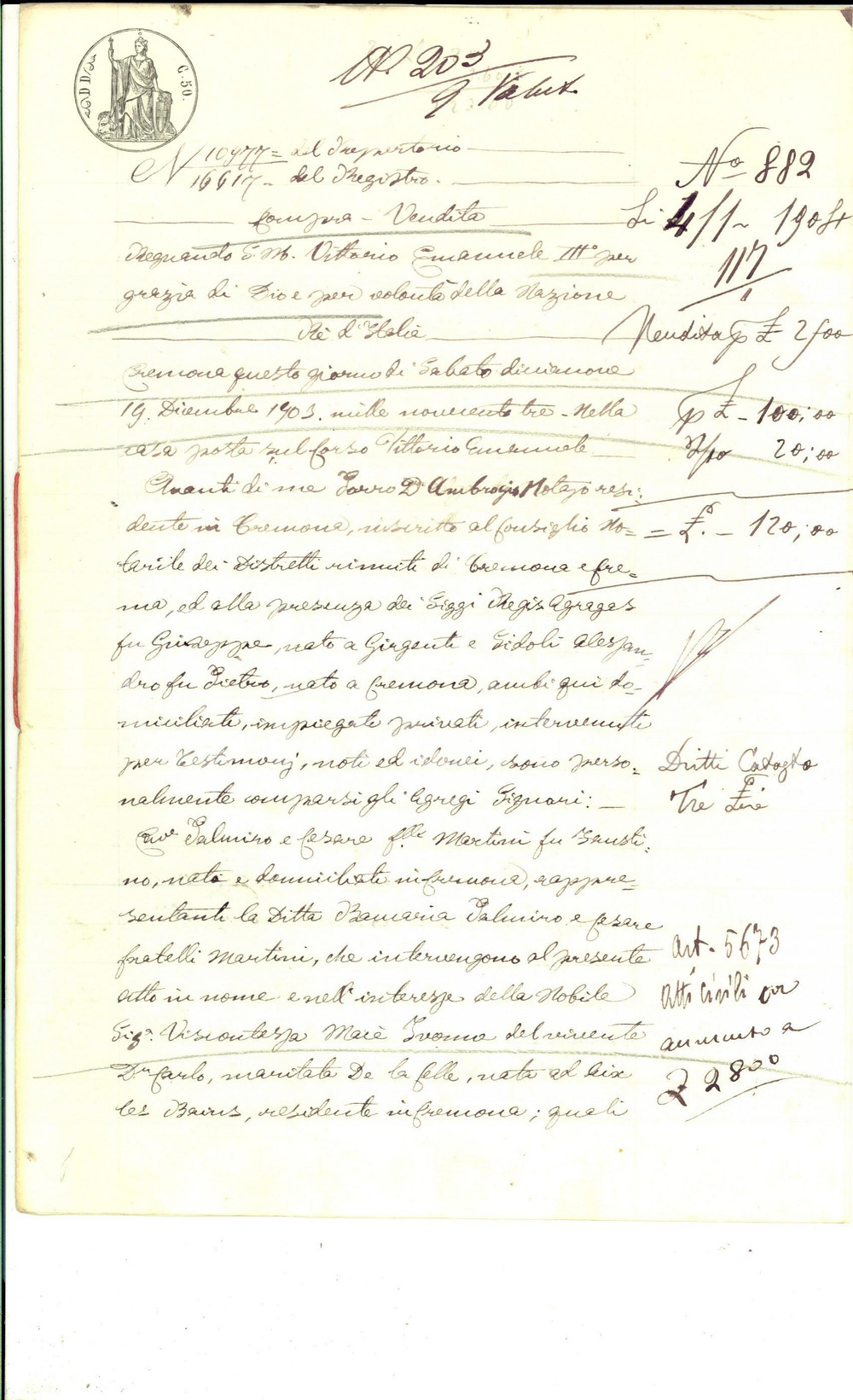 Documento originale, autentico 1903 PIEVE GURATA CR Yvonne MACE  DE LA CELLE vende terra a fratelli GADESCHI 1
