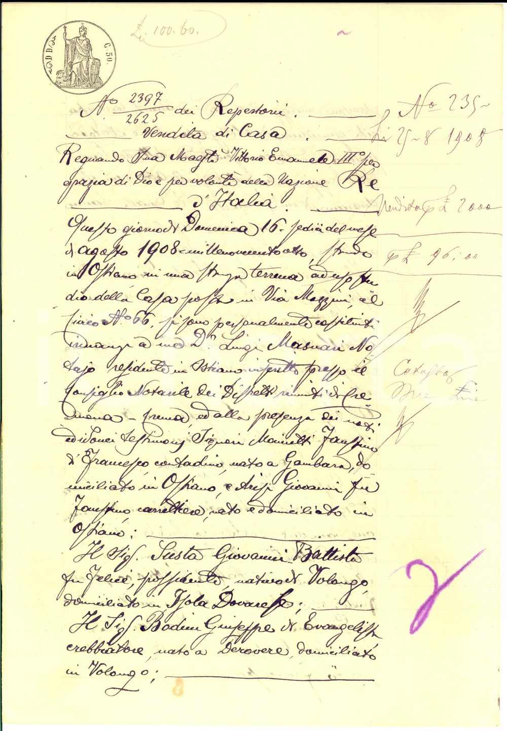 Documento originale, autentico 1908 VOLONGO CR Giovanni SUSTA vende casa ereditata a Giuseppe BODINI 1