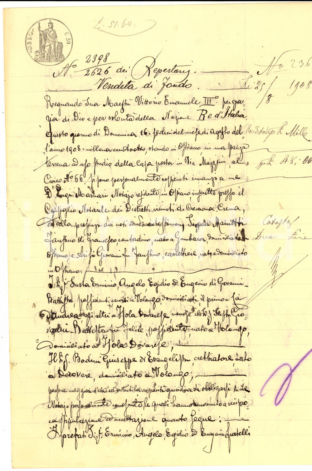 Documento originale, autentico 1908 VOLONGO CR Fratelli SUSTA vendono il fondo BASSA a Giuseppe BODINI 1
