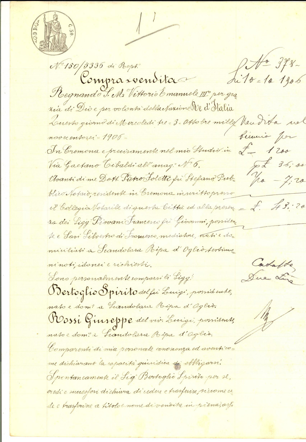 Documento originale, autentico 1906 BINANUOVA CR Spirito BERTOGLIO vende campo FONTANA a Giuseppe ROSSI 1