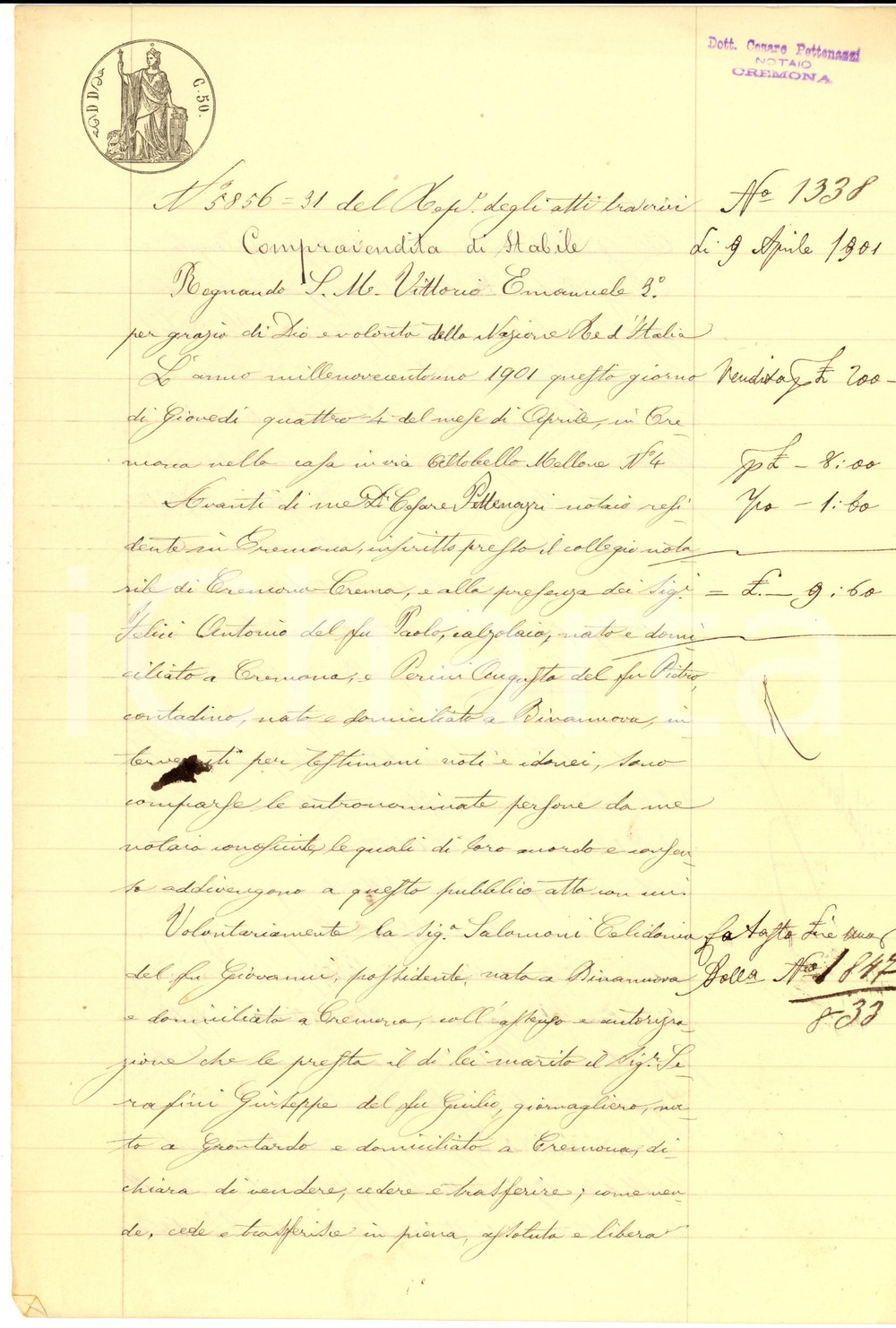 Documento originale, autentico 1901 BINANUOVA CR Celidonia SALOMONI vende campo CAMPAGNA a famiglia BODINI 1