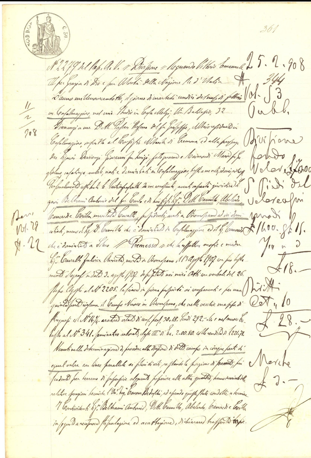 Documento originale, autentico 1908 VICOMOSCANO CR Divisione del campo NUOVO tra eredi famiglia BELTRAMI 1