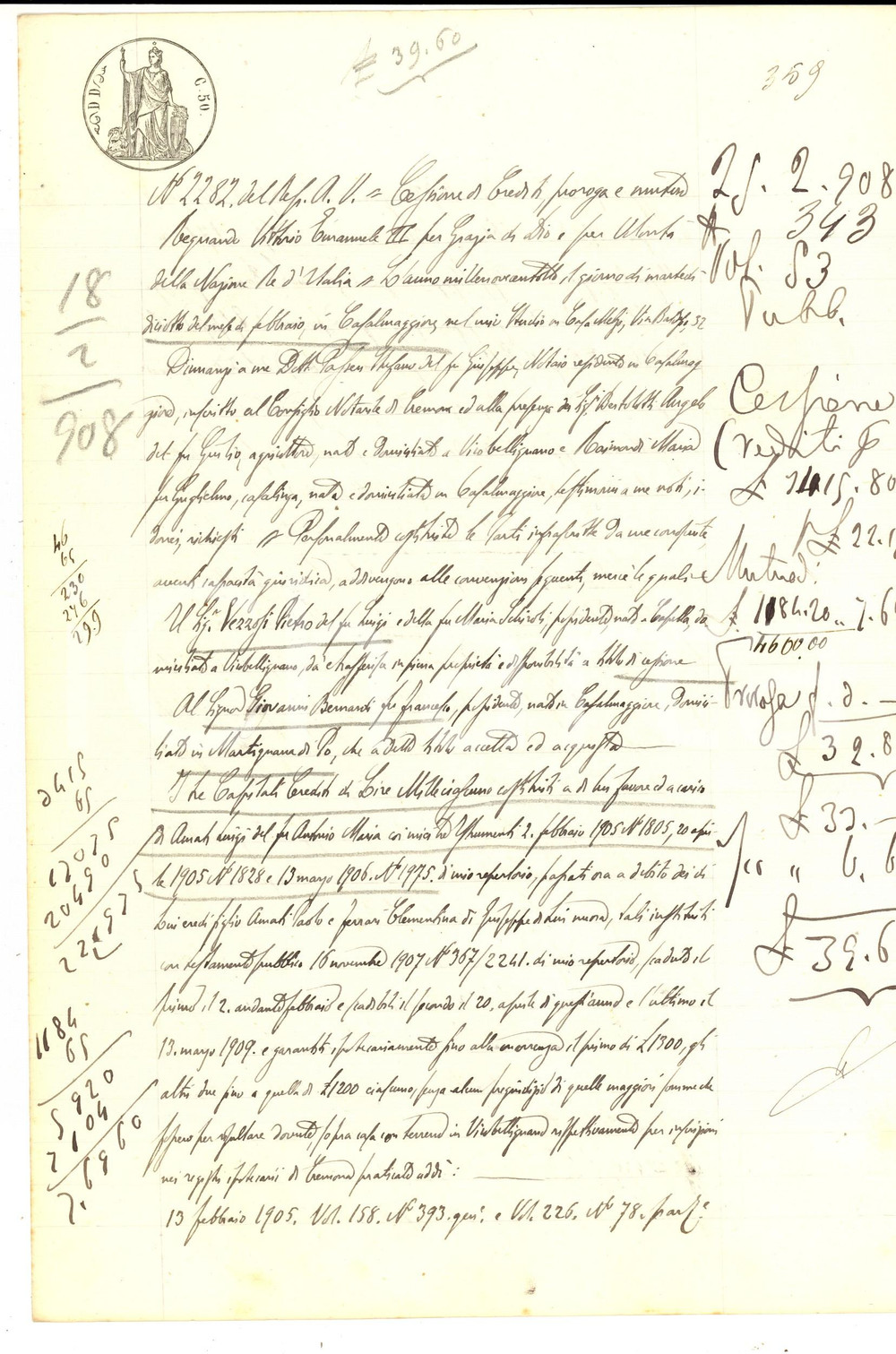 Documento originale, autentico 1908 CASALMAGGIORE CR Cessione crediti tra Pietro VEZZOSI e Giovanni BERNARDI 1
