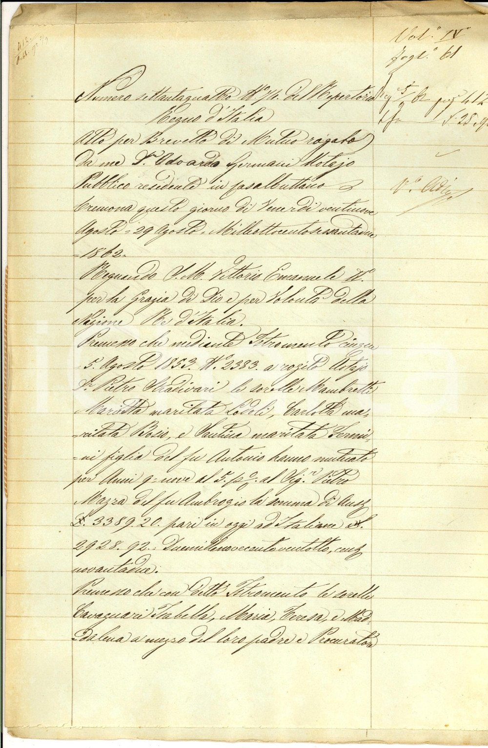 Documento originale, autentico 1862 CREMONA Prestito di Giuseppe MAMBRETTI alle sorelle CAVAGNARI Manoscritto 1