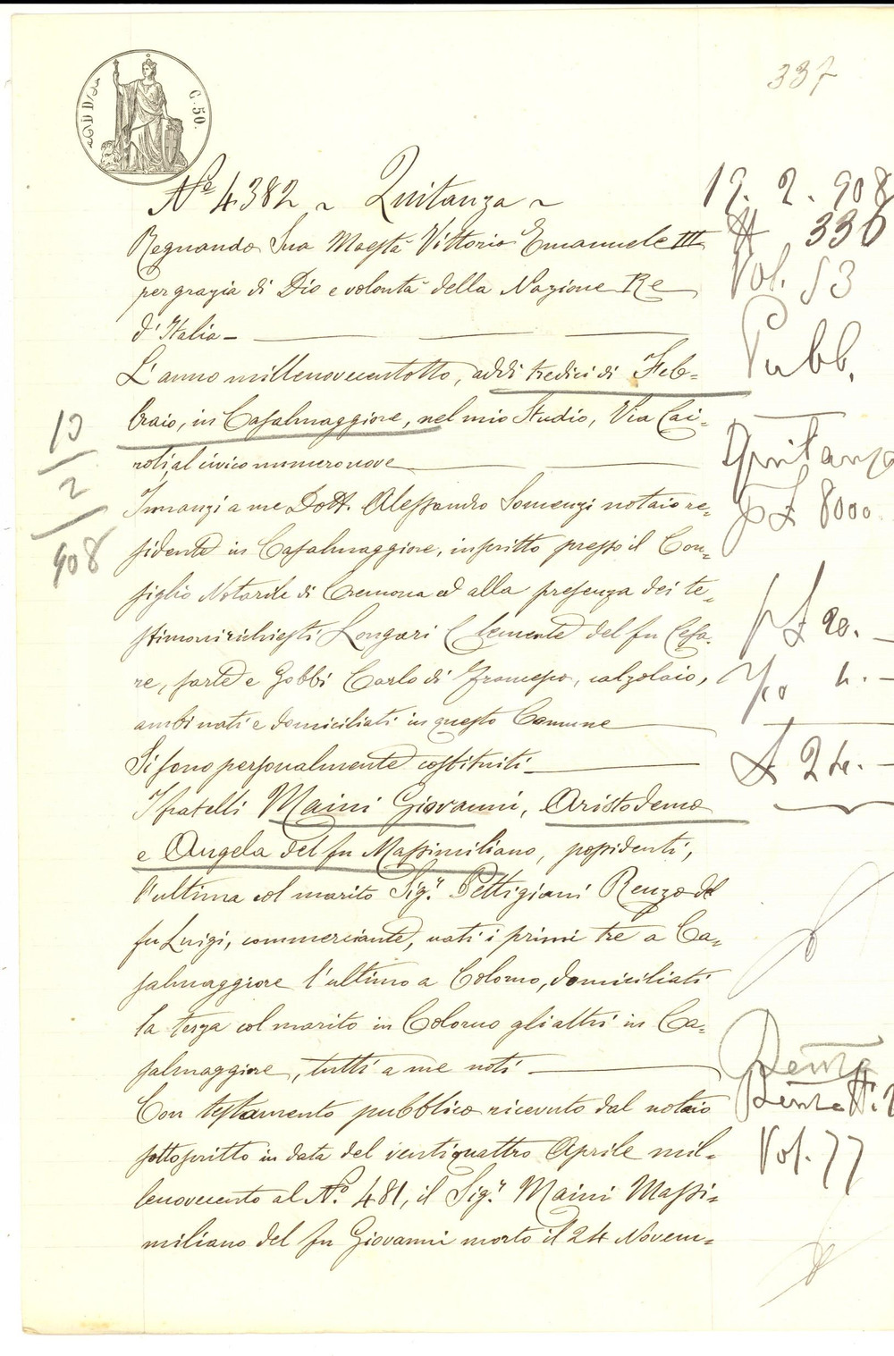 Documento originale, autentico 1908 CASALMAGGIORE CR Giovanni e Aristodemo MAINI liquidano la sorella Angela 1