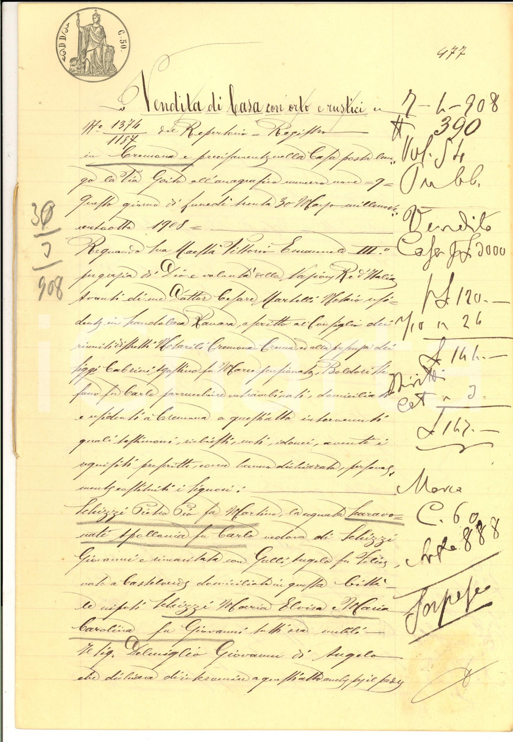 1908 MOTTA BALUFFI (CR) Pietro Pio SCHIZZI vende casa a Giovanni DELMIGLIO Atto notarile d'epoca.CONDIZIONI: G    originale e autentica 1