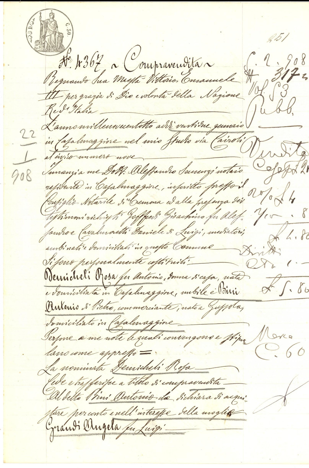 1908 CASALMAGGIORE (CR) Rosa DEMICHELI vende fabbricato ad Antonio BINI Atto notarile d'epoca.CONDIZIONI: G    originale e autentica 1