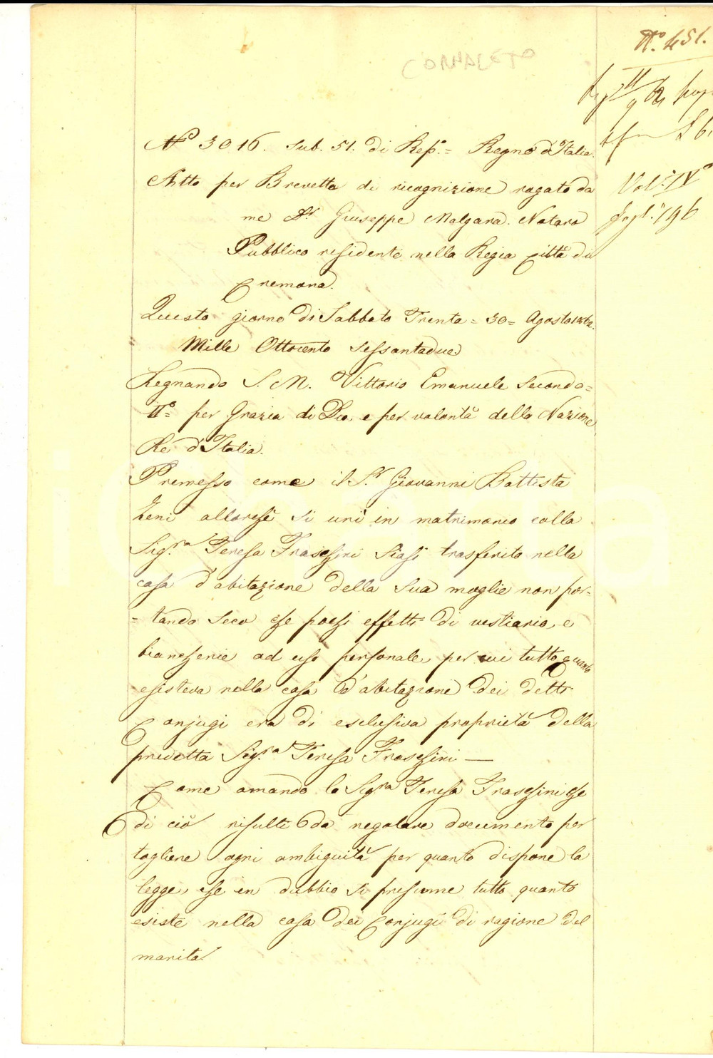 Documento originale, autentico 1862 CREMONA Giovanni Battista ZENI riconosce beni della moglie in casa comune 1