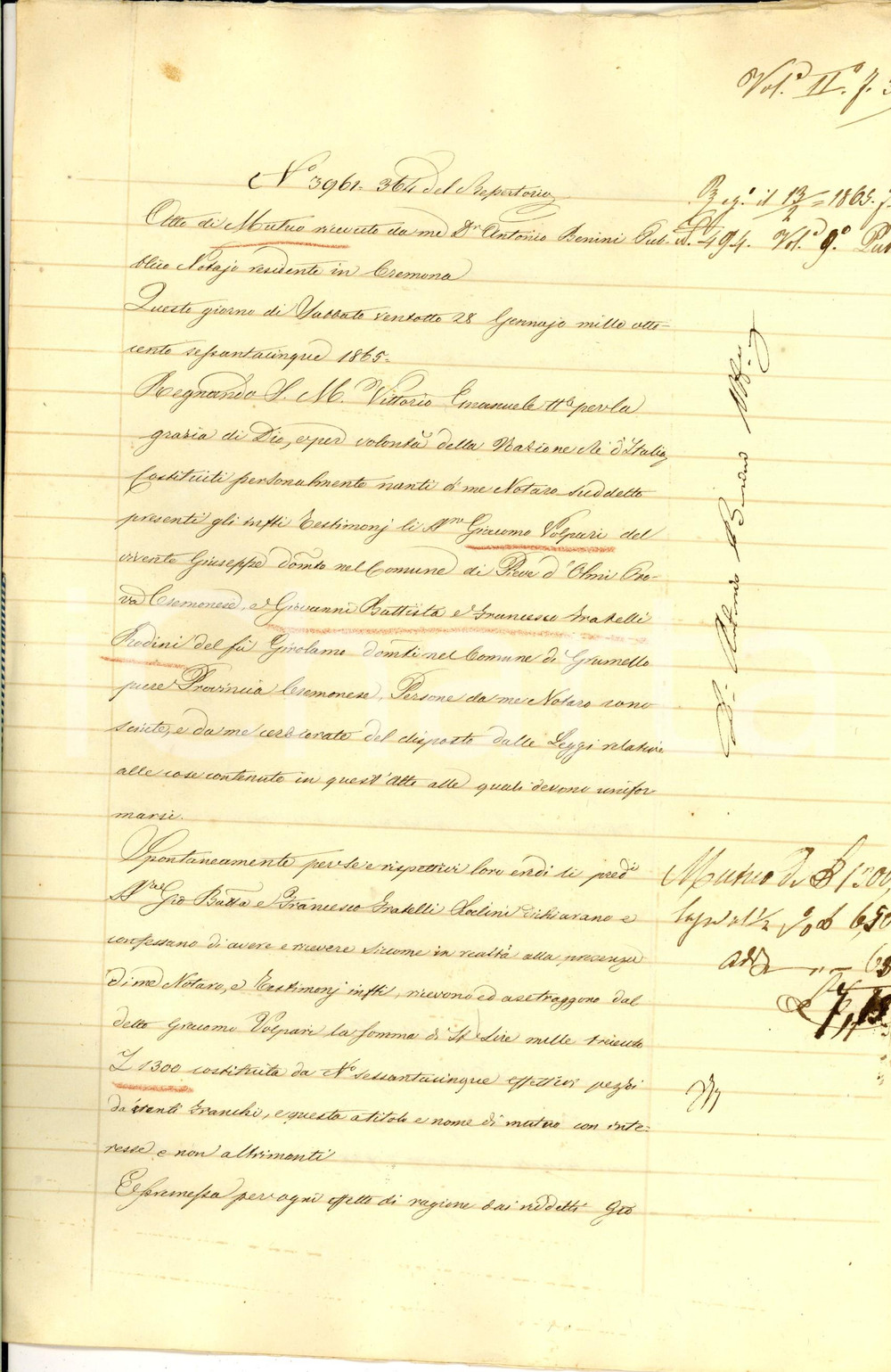 Documento originale, autentico 1865 PIEVE D OLMI CR Prestito di Giacomo VOLPARI a Giovanni Battista RODINI 1