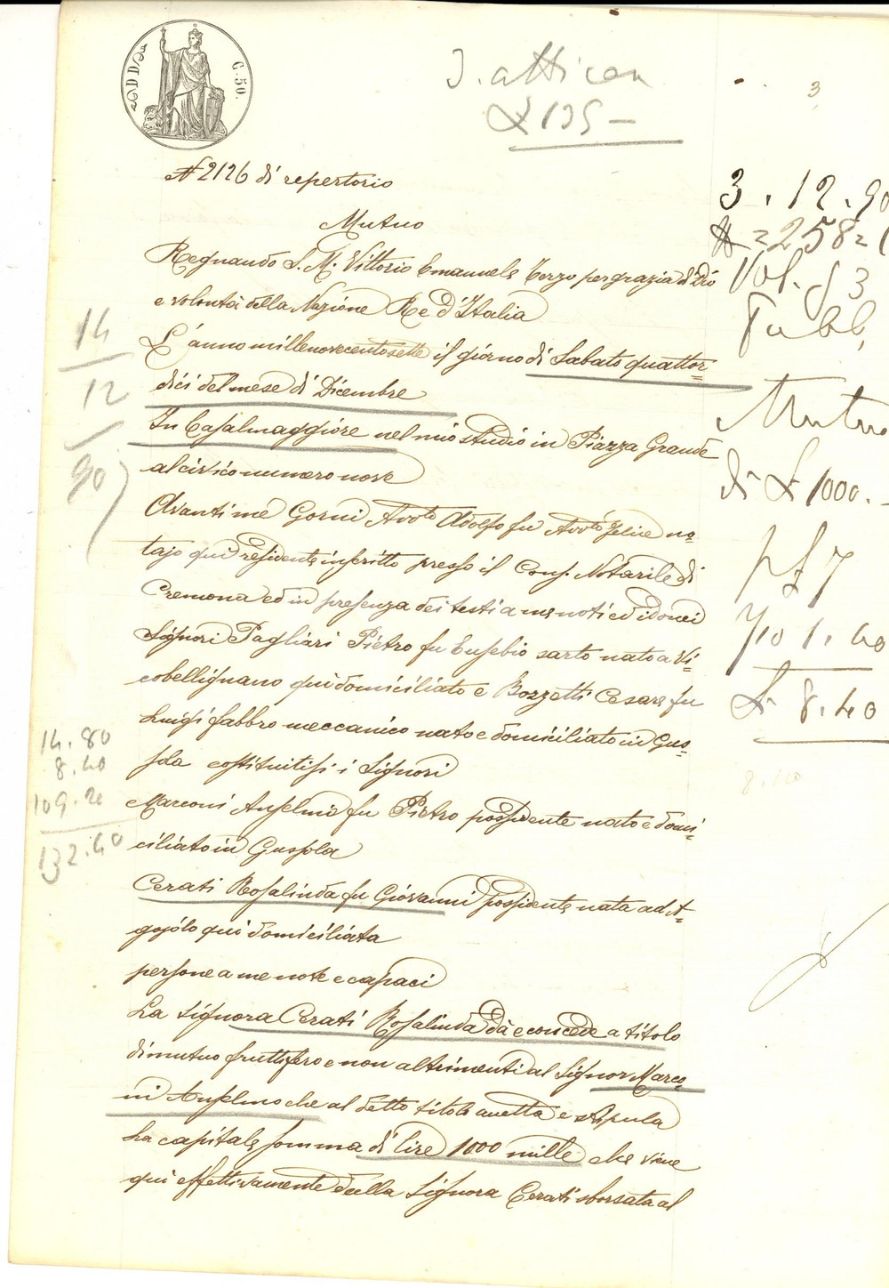 Documento originale, autentico 1907 CASALMAGGIORE CR Contratto mutuo tra Rosalinda CERATI e Anselmo MARCONI 1