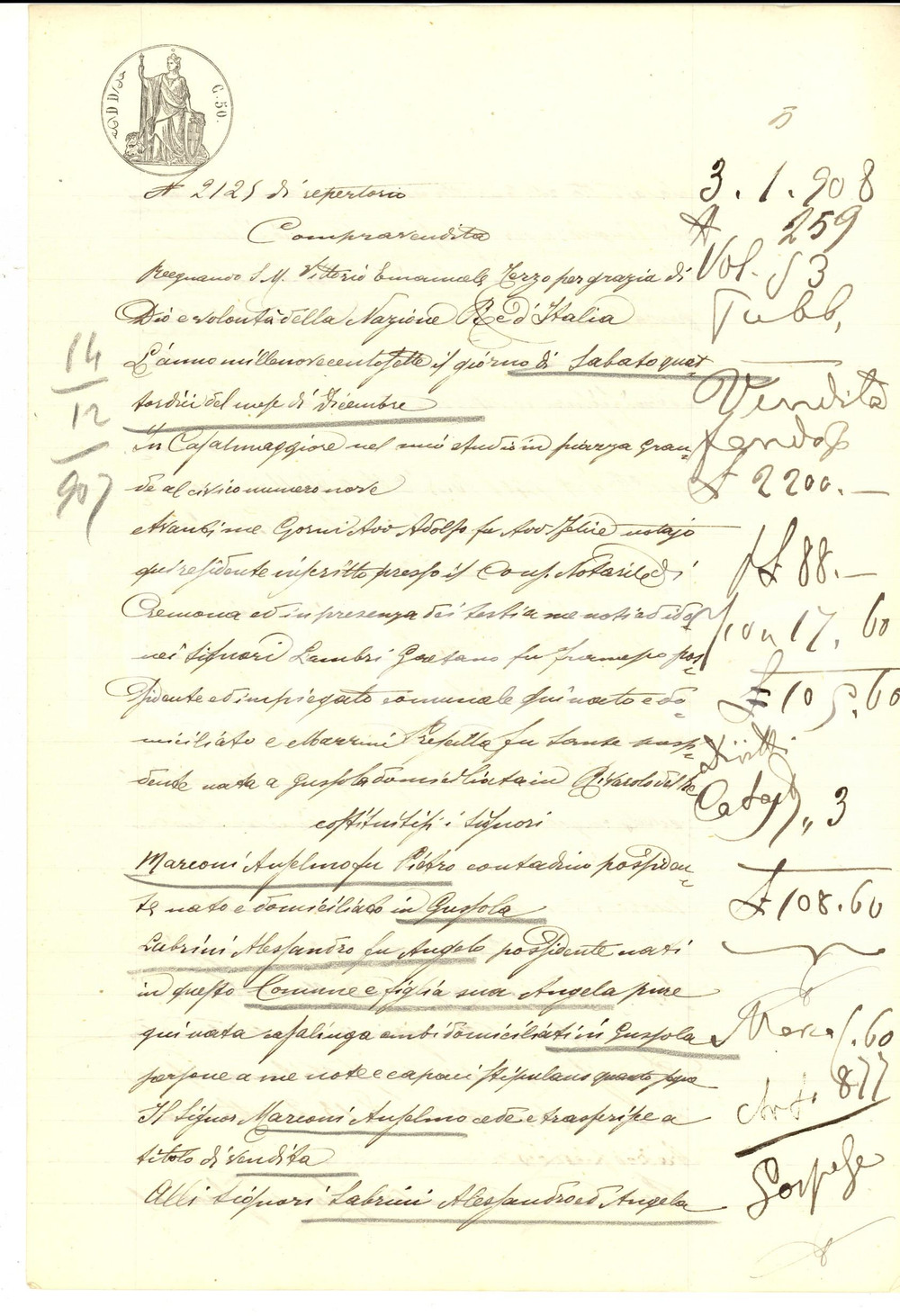 Documento originale, autentico 1907 GUSSOLA CR Anselmo MARCONI vende campo CAPRILE ad Alessandro LABRINI 1