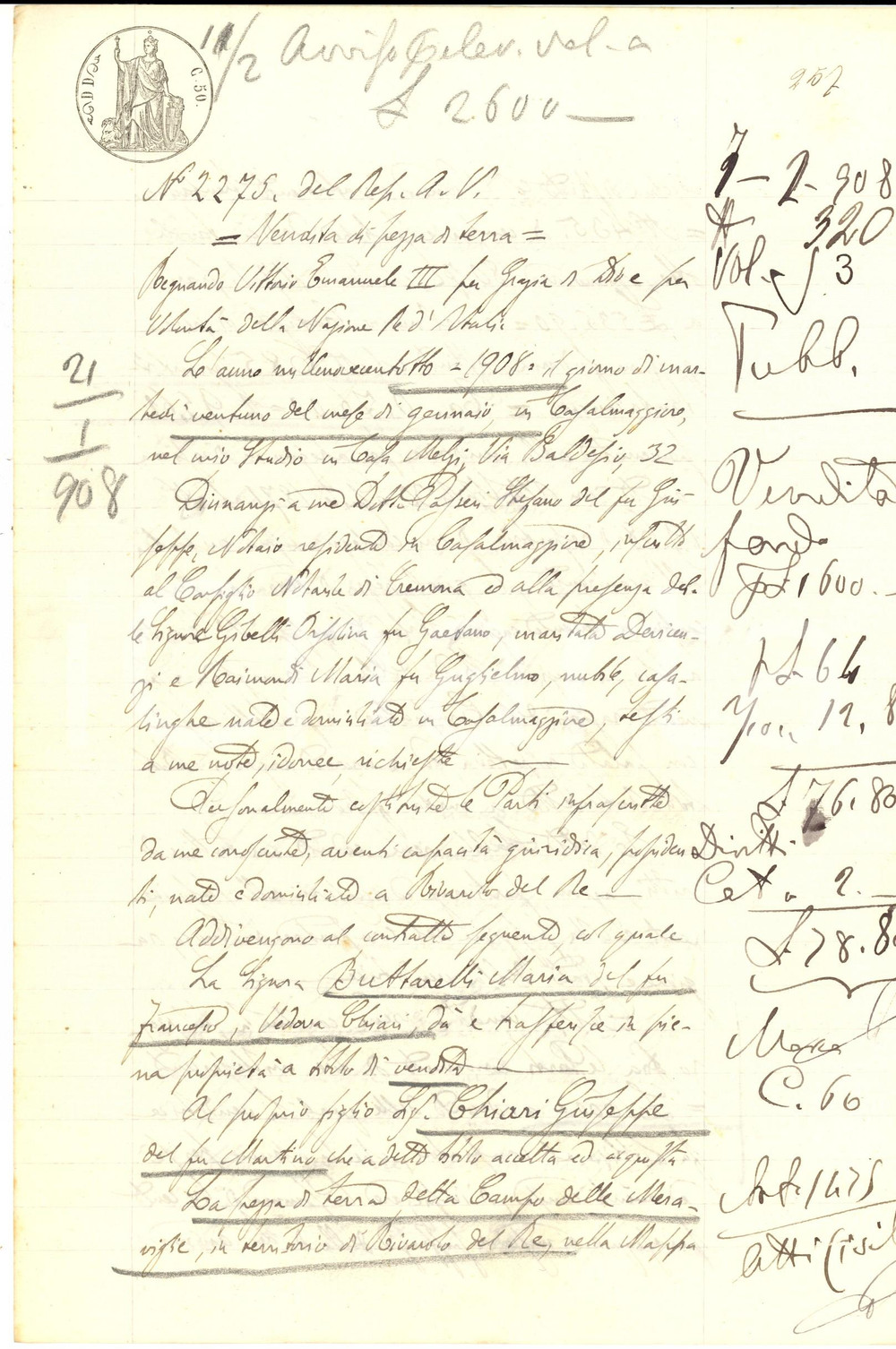 Documento originale, autentico 1908 RIVAROLO DEL RE CR Maria BUTTARELLI vende terra al figlio Giuseppe CHIARI 1