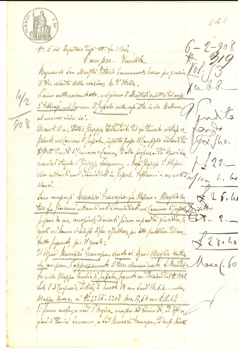 Documento originale, autentico 1908 GUSSOLA CR Francesco BENAZZI vende terra SAN BENEDETTO ad Antero MAGLIA 1