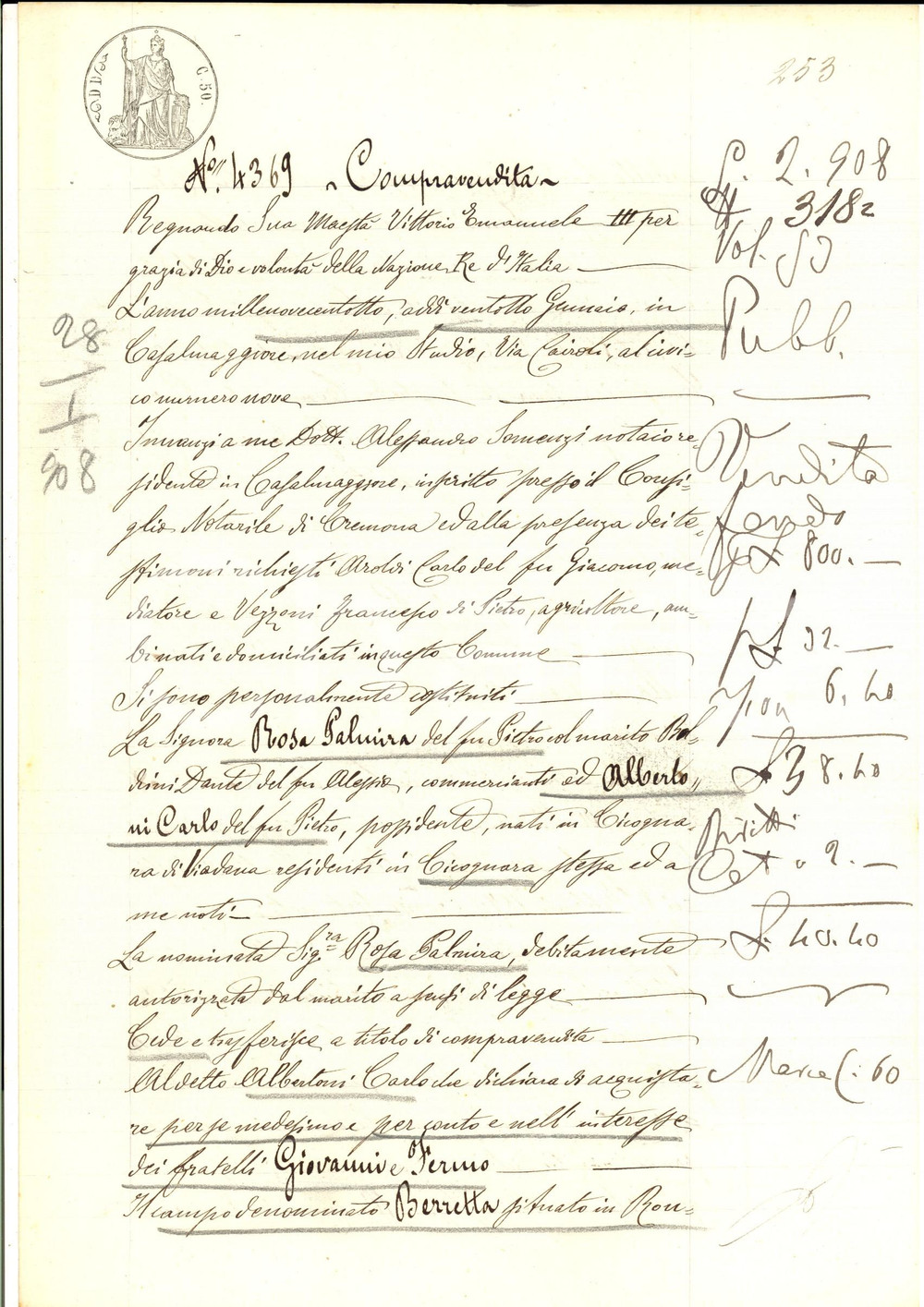 Documento originale, autentico 1904 RONCADELLO CR Rosa PALMIRA  vende campo BERRETTA a Carlo ALBERTONI 1