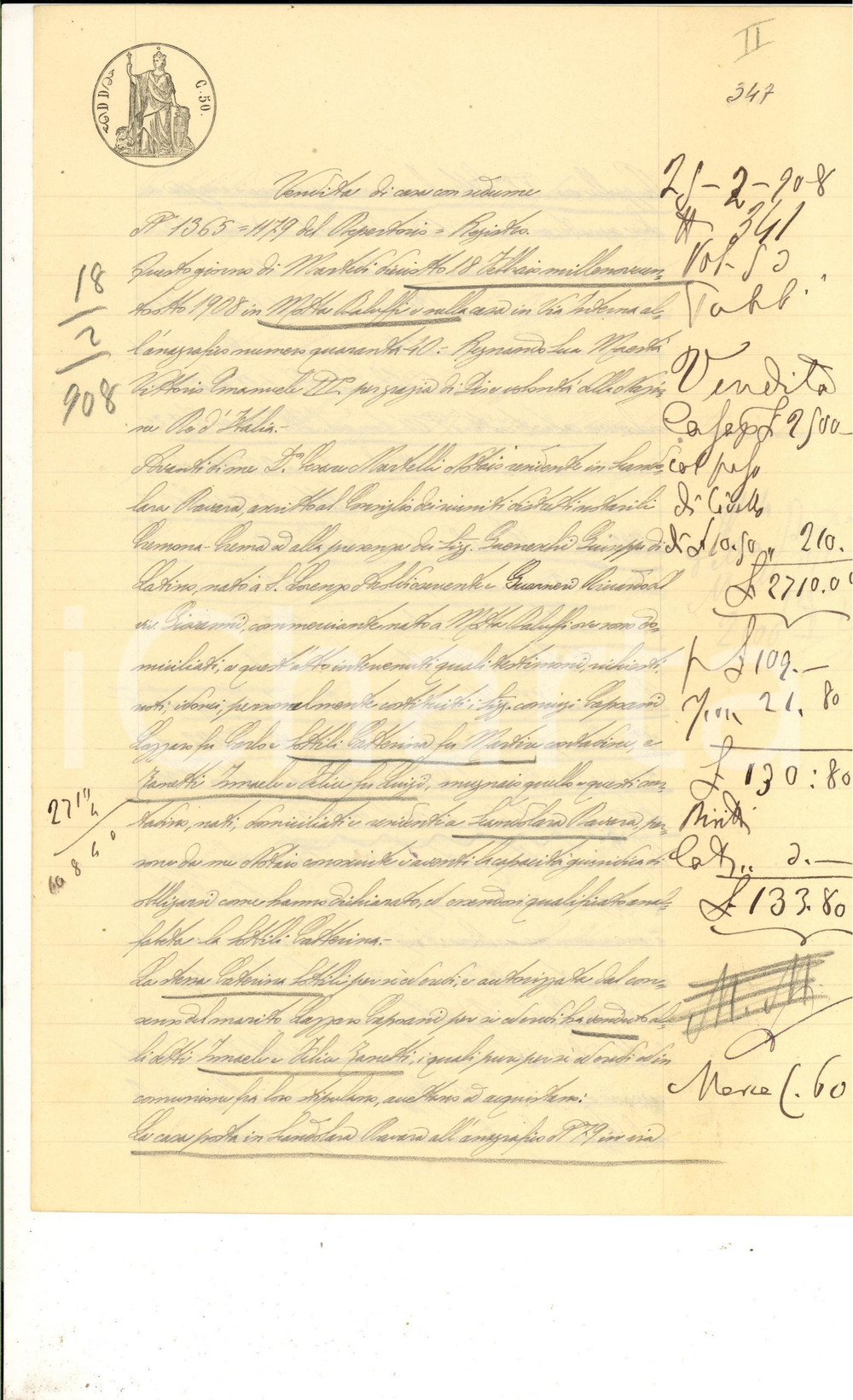 Documento originale, autentico 1908 MOTTA BALUFFI CR Caterina SOTTILI vende casa con sedume a Ismaele ZANETTI 1