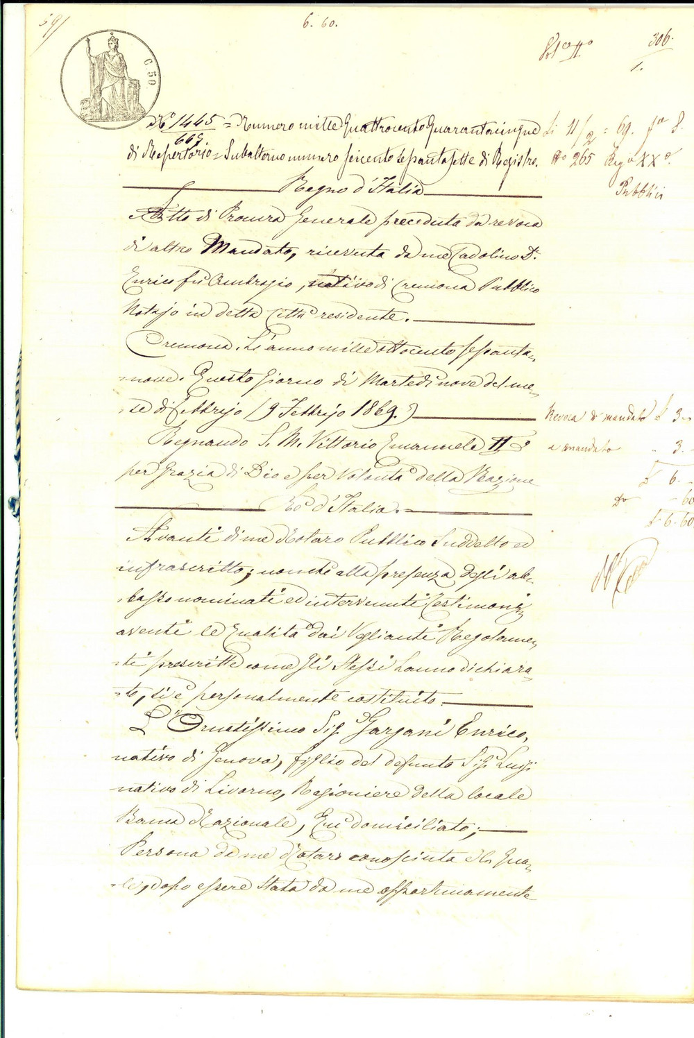 Documento originale, autentico 1869 CREMONA Enrico GARGANI revoca procura al parente Timoteo su ereditÃ  16 pp. 1