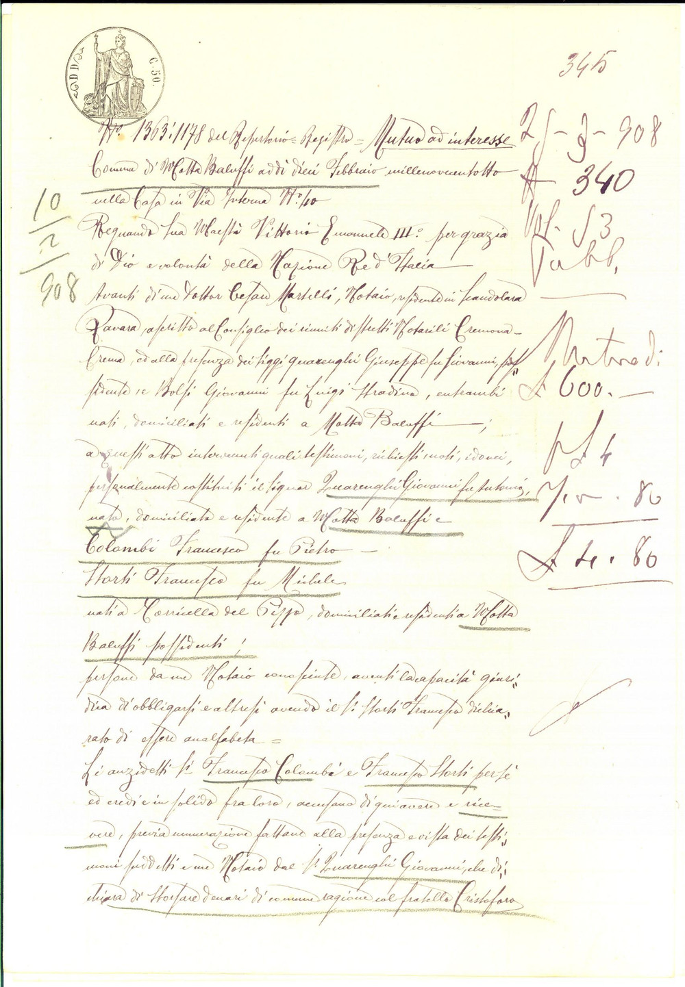Documento originale, autentico 1908 MOTTA BALUFFI CR Prestito di Giovanni QUARENGHI a Francesco COLOMBI 1