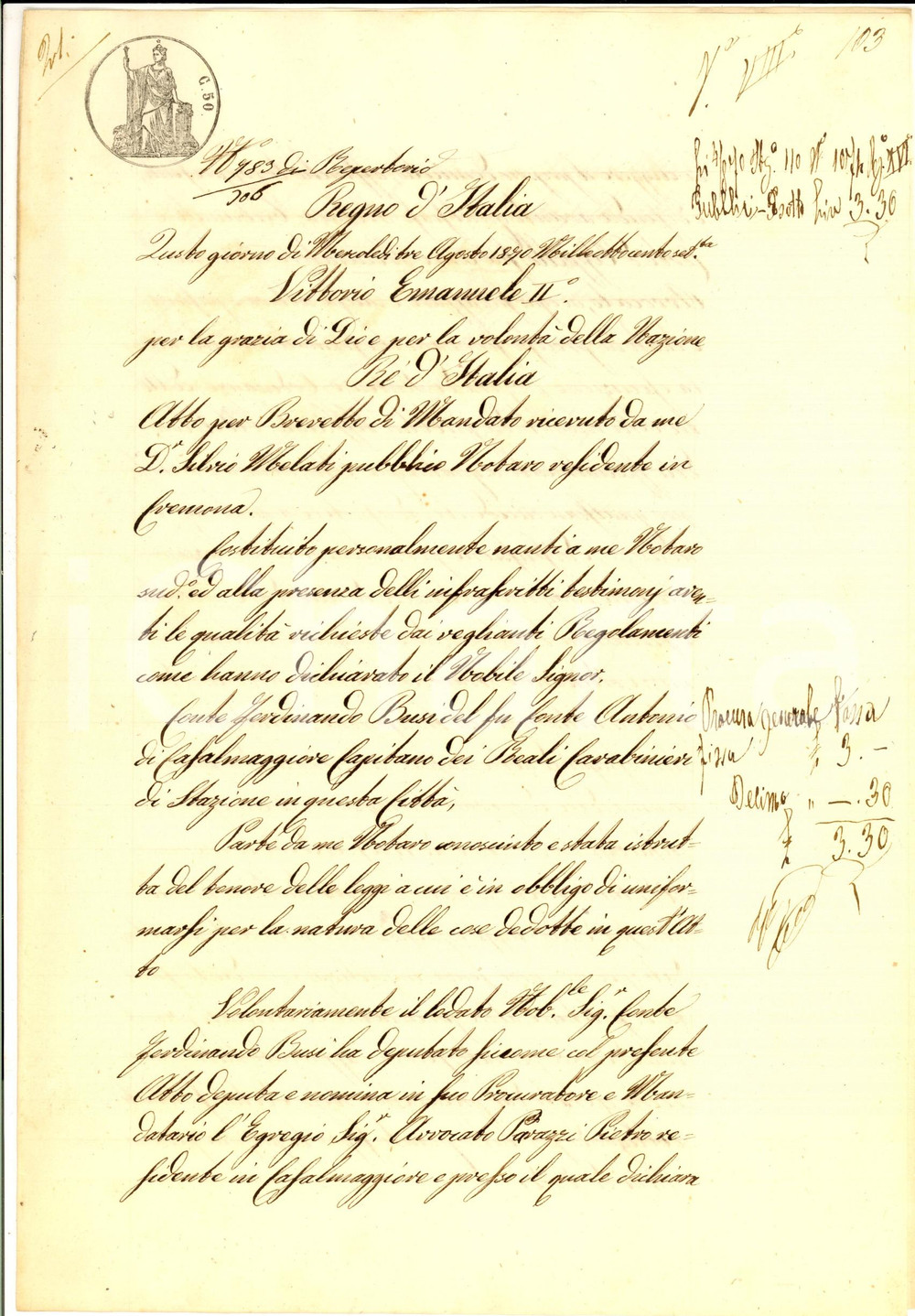 Documento originale, autentico 1870 CREMONA Procura del conte Ferdinando BUSI all avvocato Pietro PARAZZI 1