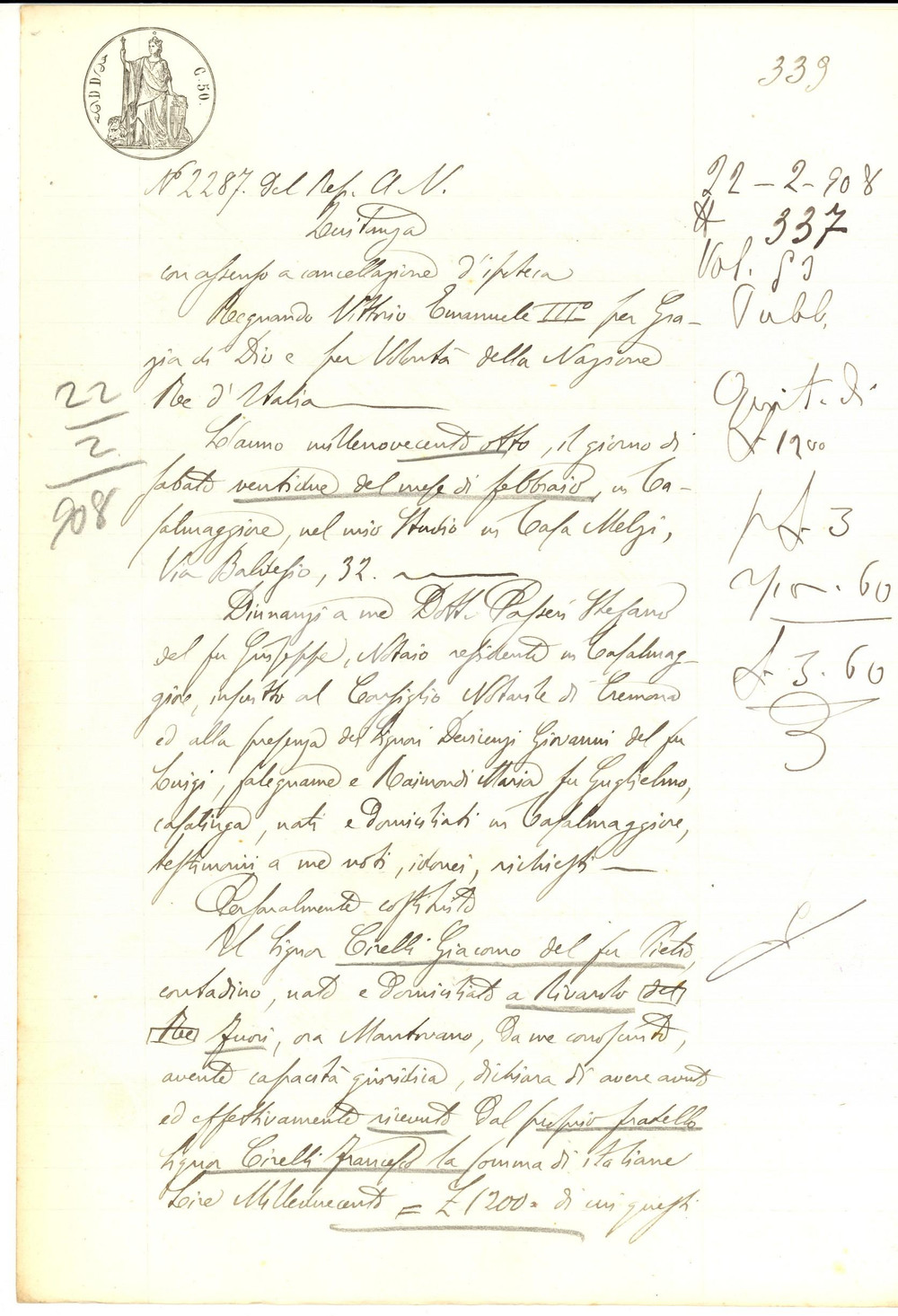Documento originale, autentico 1908 RIVAROLO DEL RE CR Quietanza Giacomo CIRELLI al fratello per saldo debito 1