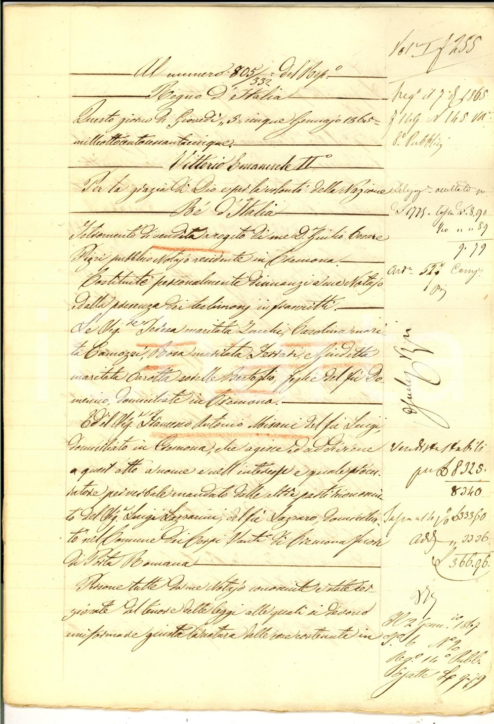 Documento originale, autentico 1865 CREMONA Sorelle BERTOGLIO vendono casa con macelleria contrada MERCATELLO 1