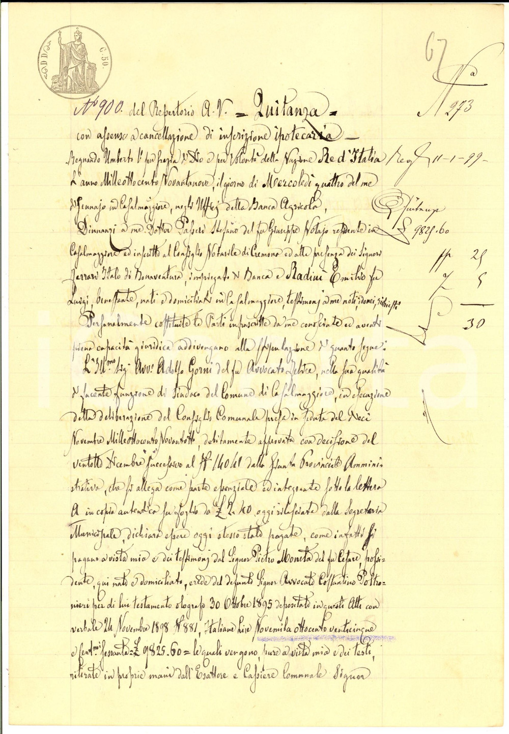 Documento originale, autentico 1899 CASALMAGGIORE CR Saldo debito Pietro MONETA con cancellazione iscrizione 1