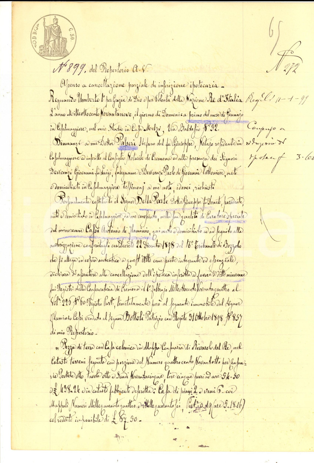 Documento originale, autentico 1899 RIVAROLO DEL RE Cancellazione iscrizione su casa di Antonio CASSI minorenne 1