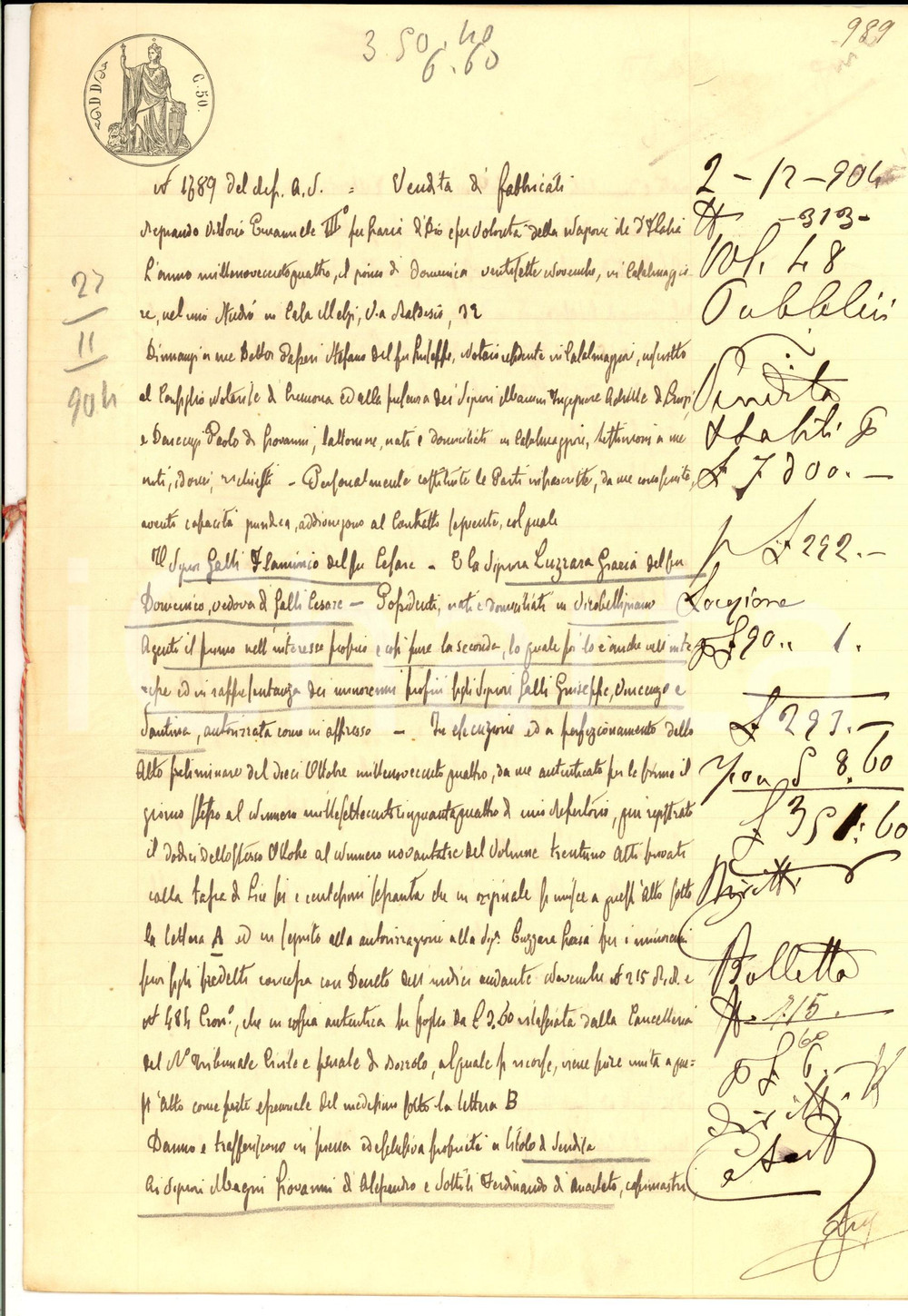 Documento originale, autentico 1904 VICOBELLIGNANO Flaminio GALLI vende stabili a Giovanni MAGNI pro minorenni 1