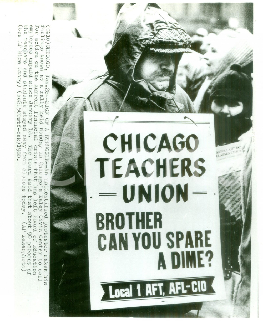 Fotografia d epoca originale 1980 CHICAGO Protestor from CHICAGO TEACHERS UNION against the financial crisis 1