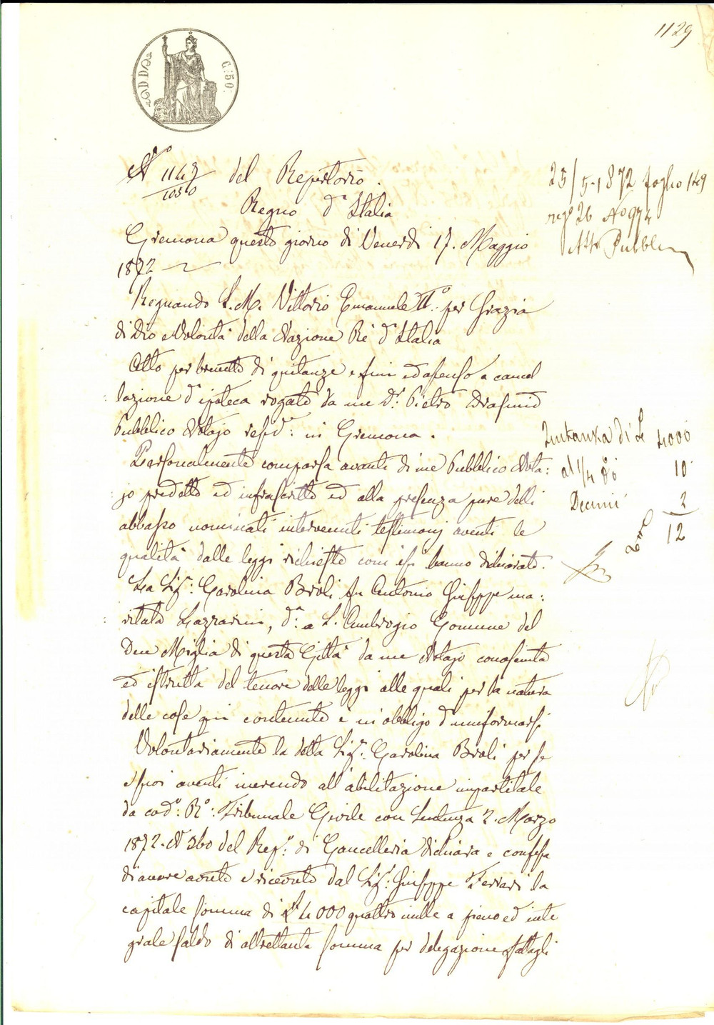 Documento originale, autentico 1872 CREMONA Carolina BROLI rinuncia all ipoteca per saldo di Lazzaro LAZZARINI 1