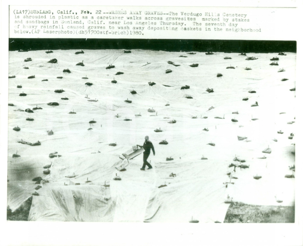 Fotografia d epoca originale 1980 SUNLAND USA Cimitero VERDUGO HILLS coperto di plastico contro piogge Foto 1