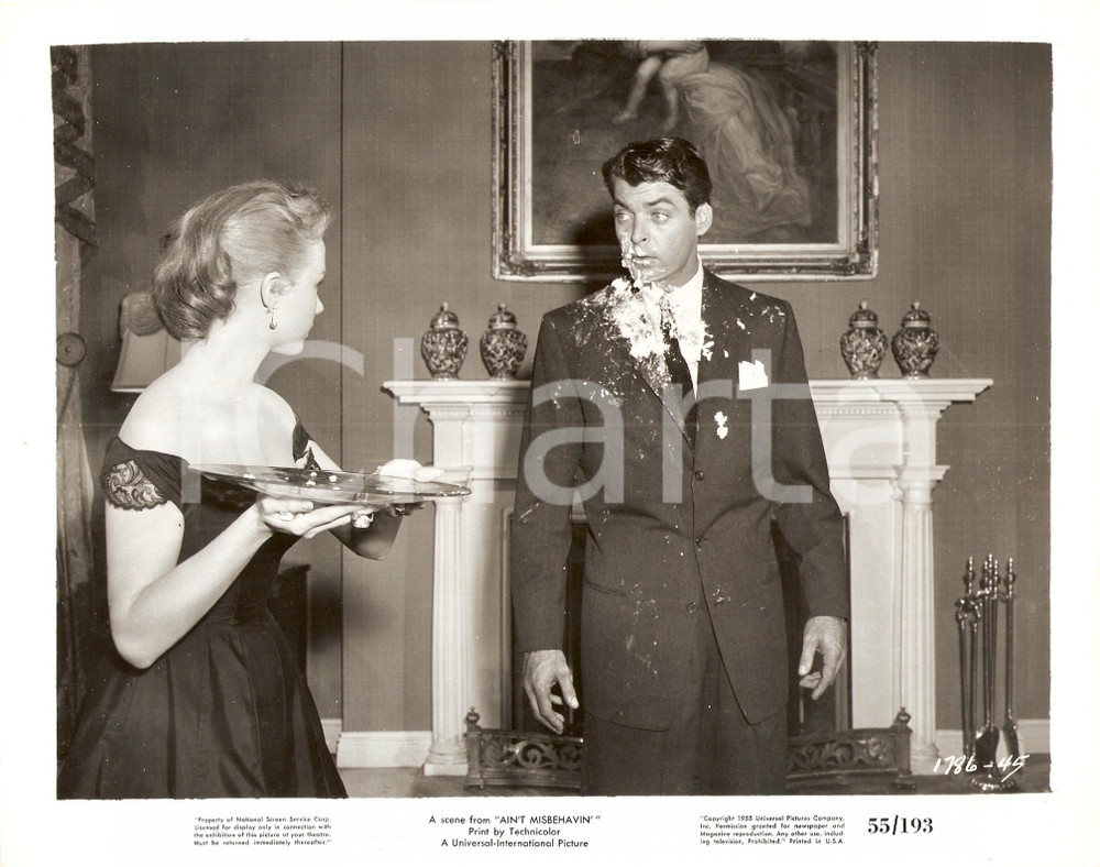 Fotografia d epoca originale 1955 AIN T MISBEHAVIN Piper LAURIE lancia torta in faccia a Rory CALHOUN Foto 1